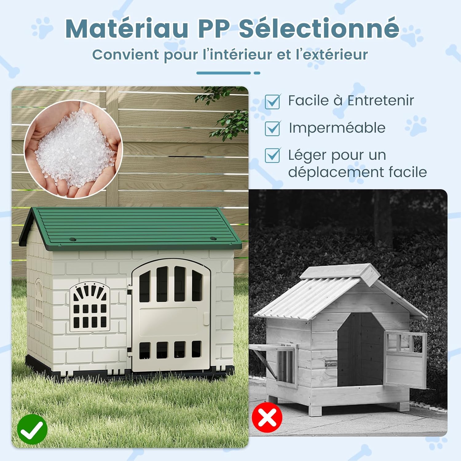 Niche para Cão Exterior XXL em PP, Cabana para Cão Impermeável e Ventilada, 3 Janelas, Piso Elevado, Gaiola para Cachorros, 75x58x65CM (Verde) - 5
