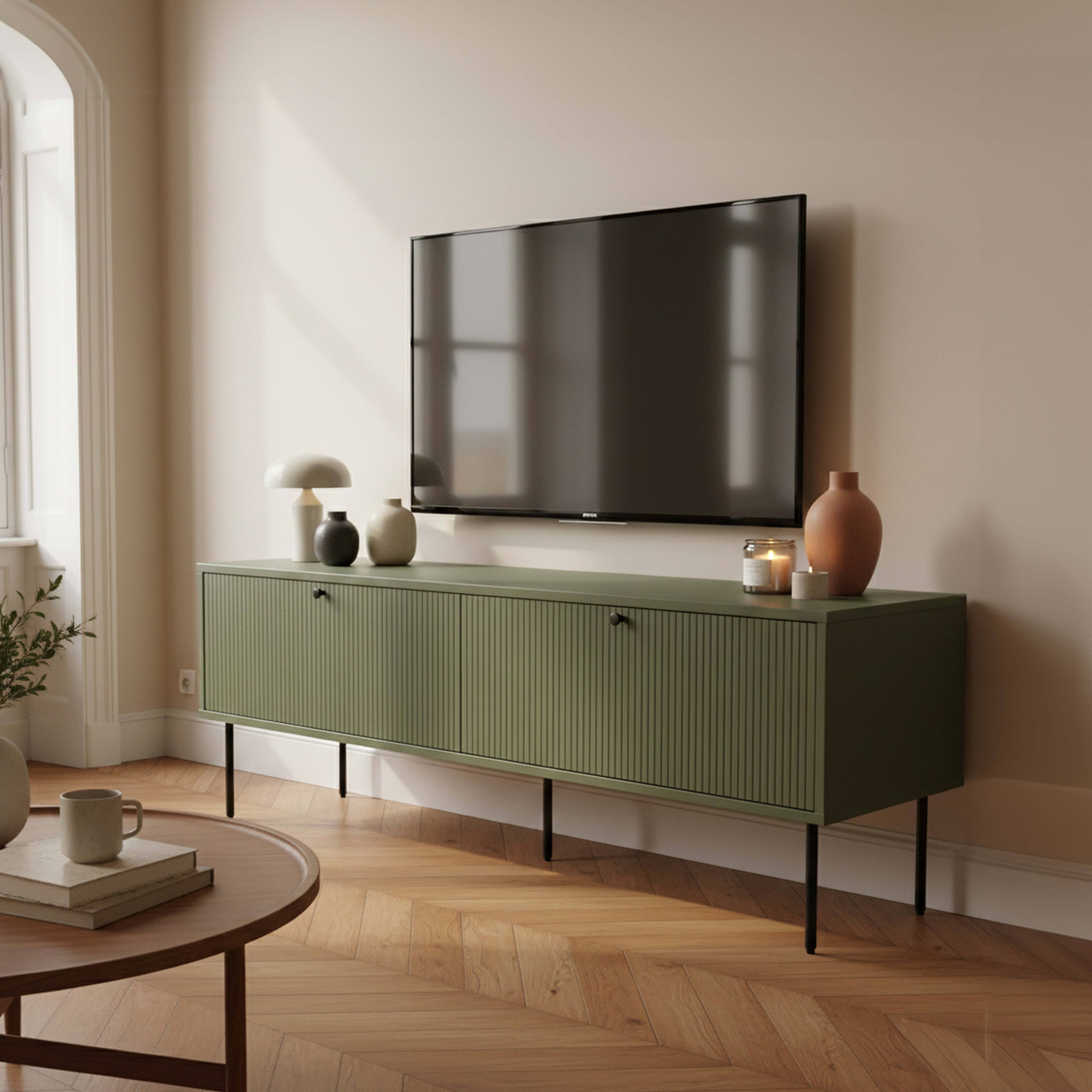 Meuble TV 2 portes en acier et MDF décor mélaminé 150 cm vert olive ...