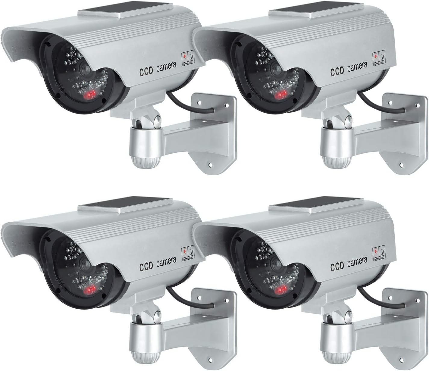 (4 sztuki, srebrne) Atrapy kamer z panelem słonecznym, fałszywa kamera CCTV z oświetleniem LED do użytku wewnątrz i na zewnątrz