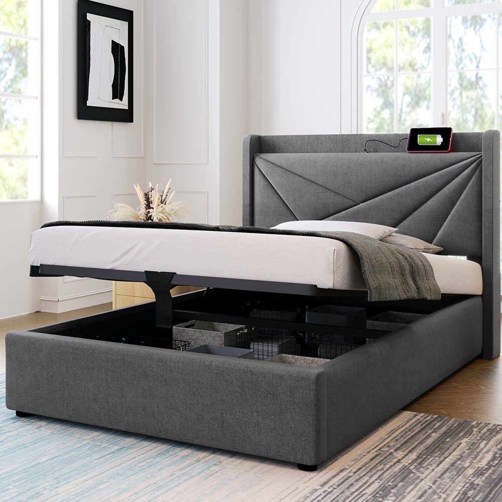 Lit coffre Lit double rembourré Lit de rangement Tête de lit avec fonction de chargement USB Cadre de lit en lin Lit 90x200 cm Gris - 4