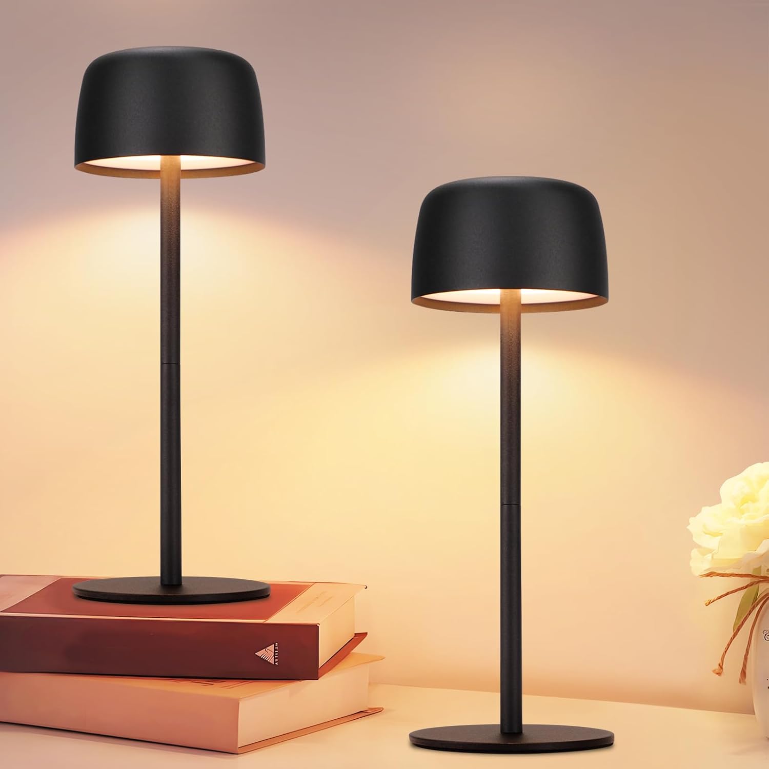 ZMH Lamp stołowych LED czarny zestaw 2 bezprzewodowych ściemnialnych z 3 temperaturami barwowymi