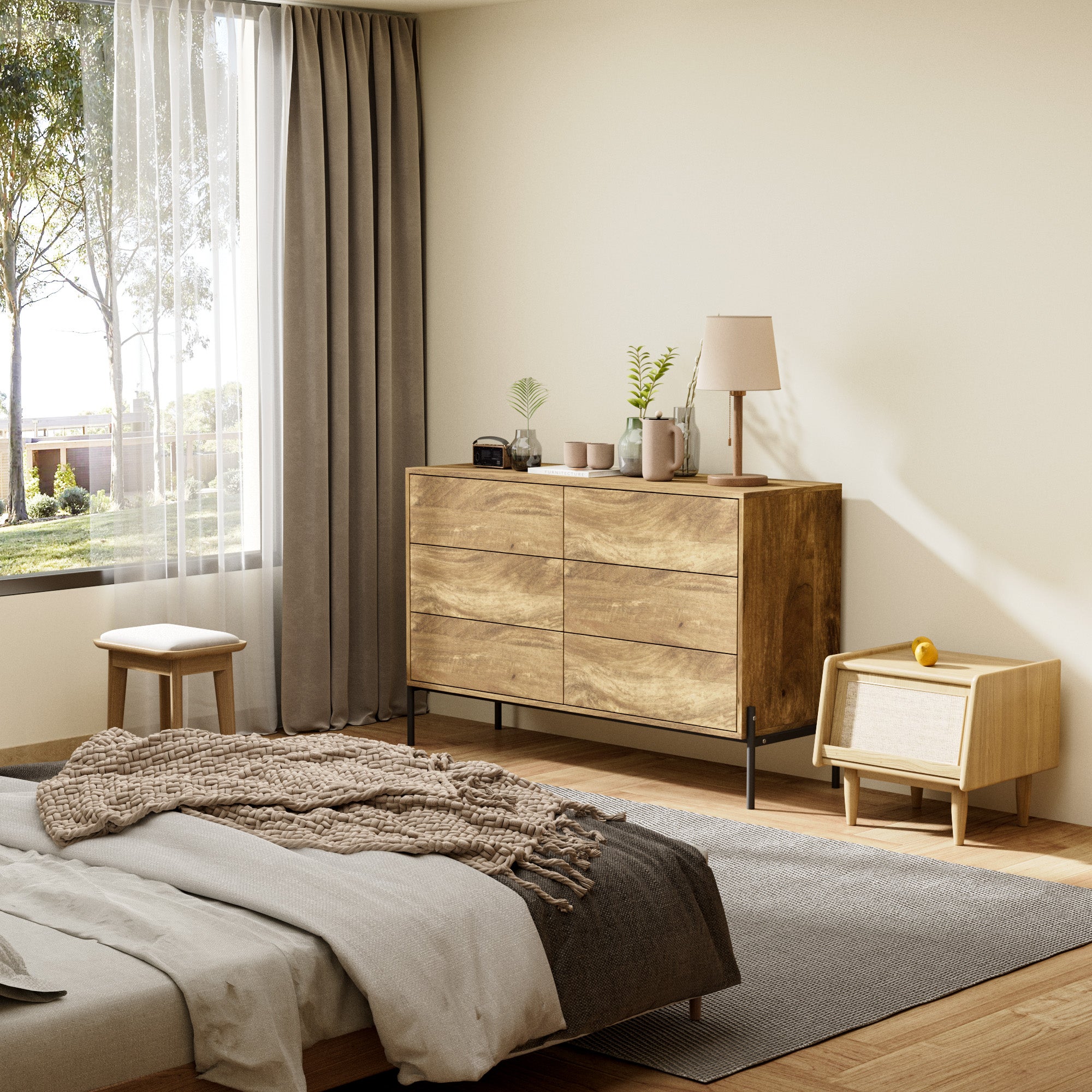 Commode avec 6 Tiroirs et Pieds en Métal, Meuble de Rangement avec Aspect du Bois, Chambre, Salon et Bureau, 120x40x78.5, Chêne - 6