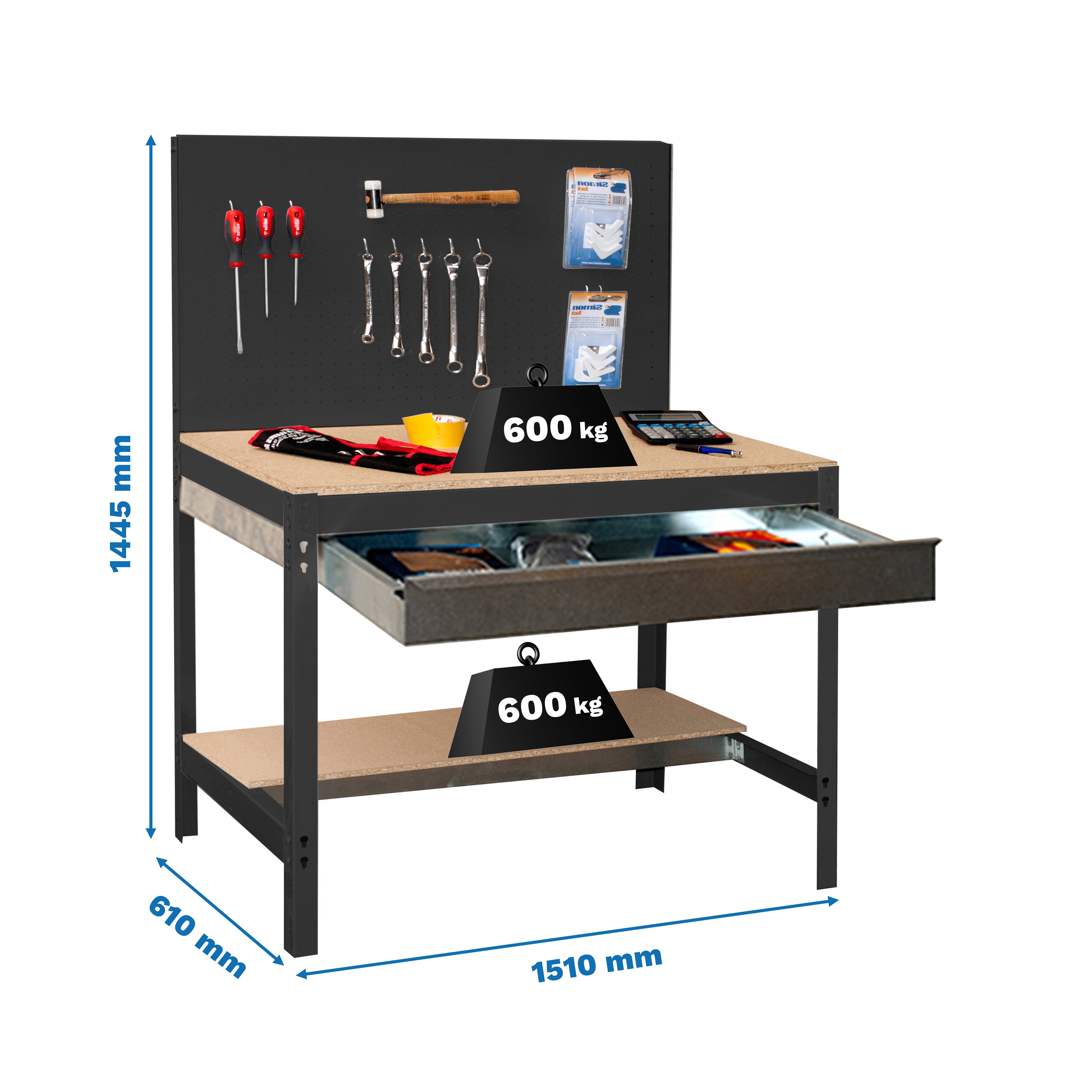 Bancada de trabalho SIMONWORK com 2 prateleiras (144,5x151x61cm) ANTRACITE E MADEIRA - 2