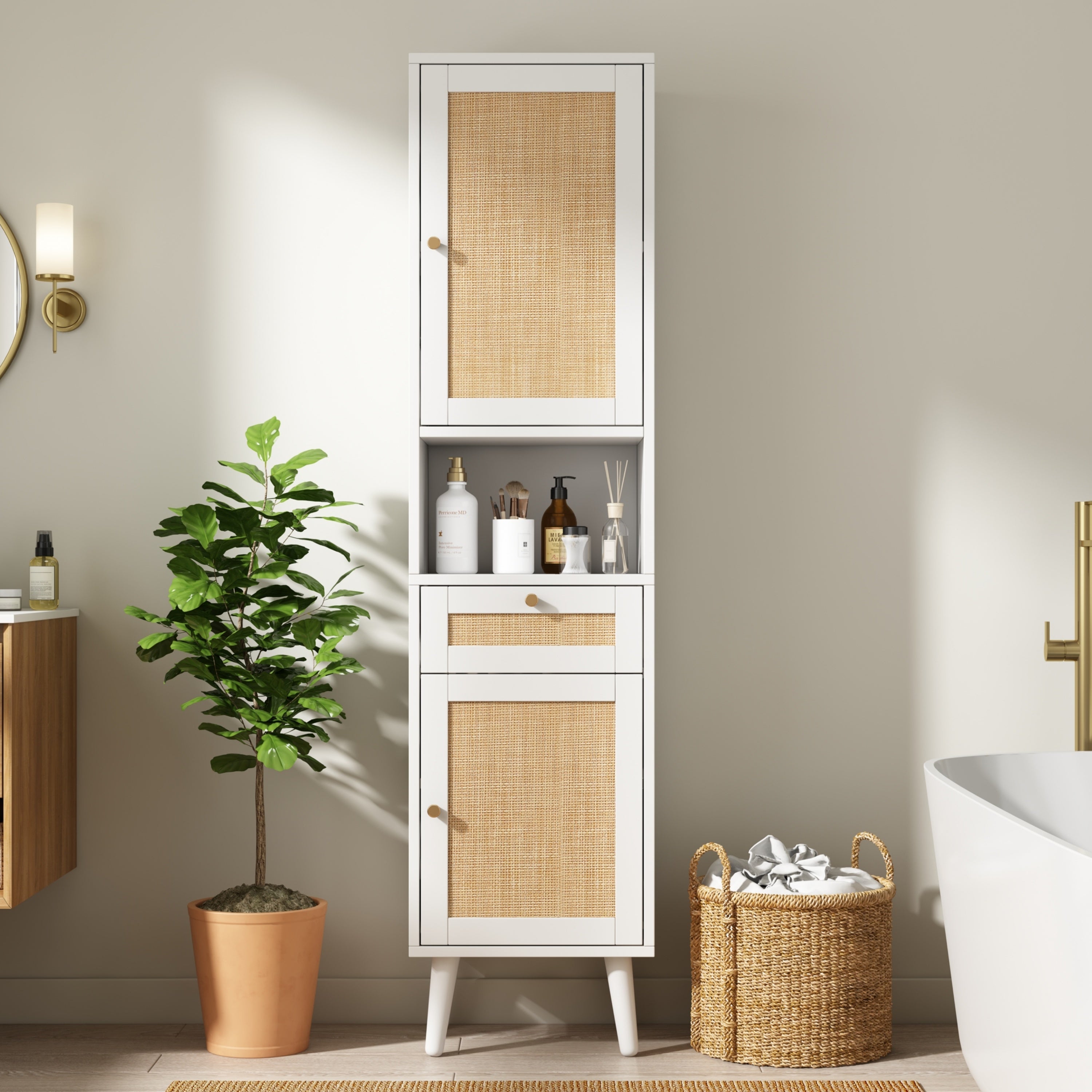 Coloană de baie, înălțime 166 cm - Unitate de depozitare înaltă cu uși și sertar reversibile din ratan, stil natural - alb