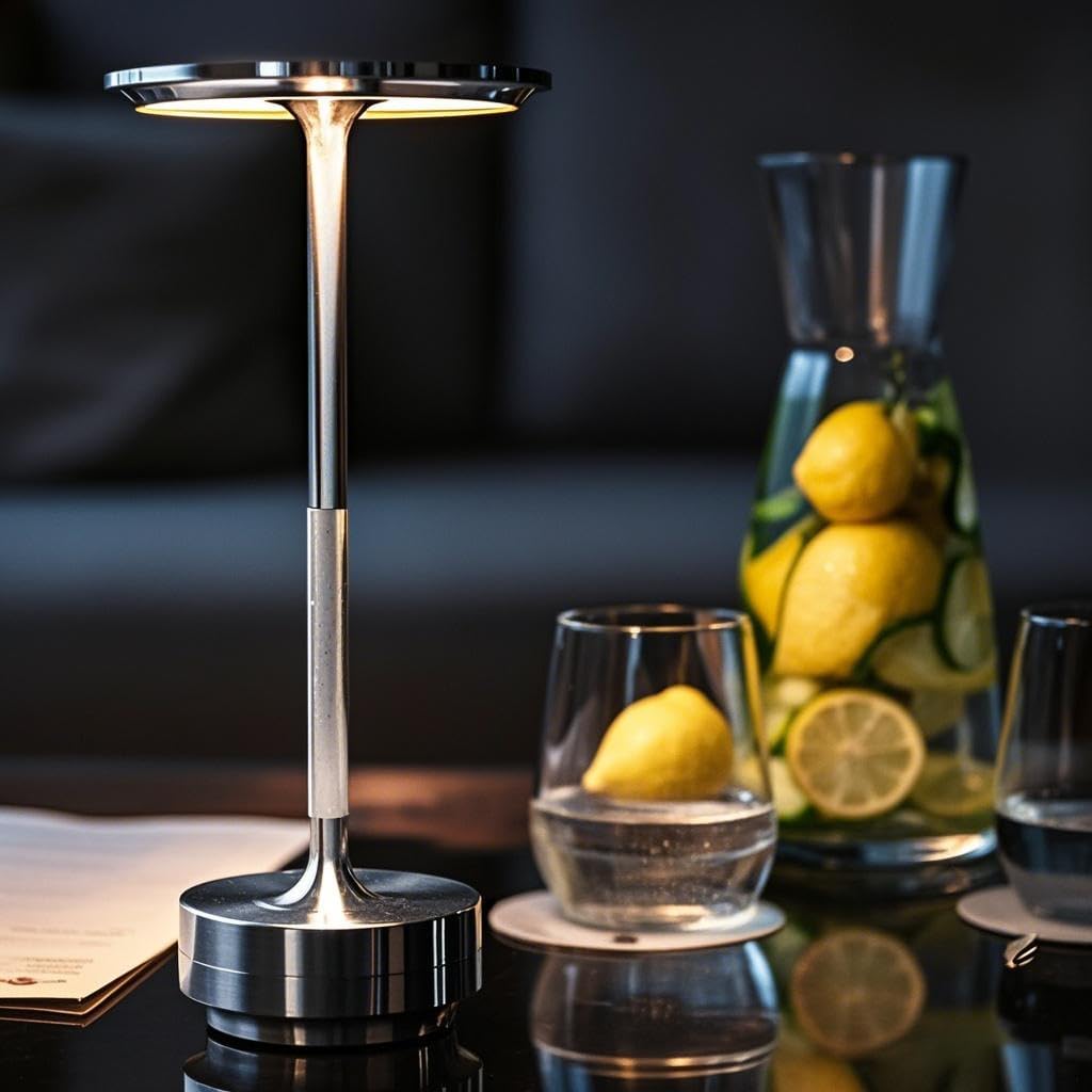 Bezprzewodowa, akumulatorowa metalowa lampa stołowa, srebrna, 5200 mAh, sterowanie dotykowe, dekoracyjne oświetlenie LED do restauracji, baru - 4