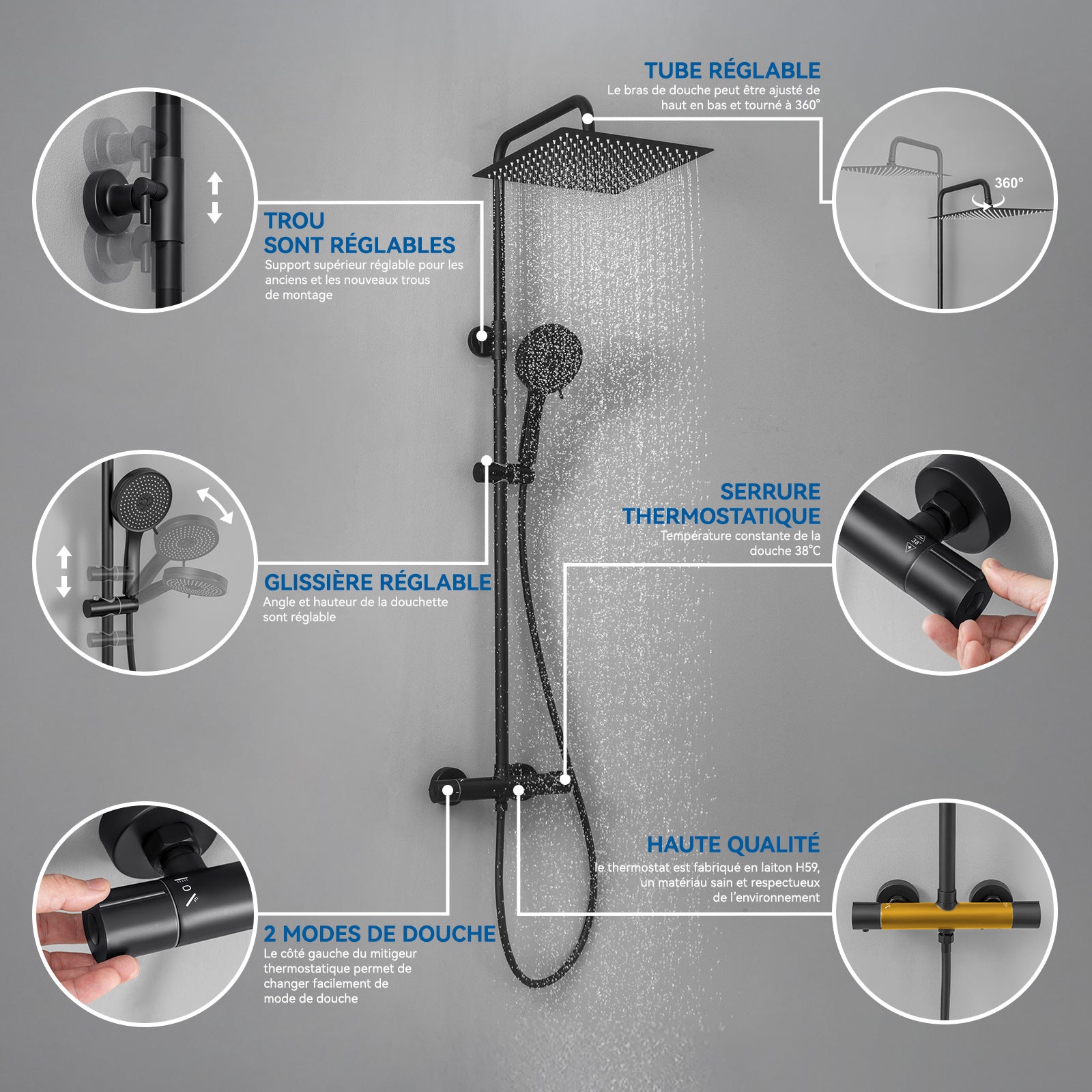 SOFETIY MAX Ensemble de Douche Noir avec Mitigeur ThermostatiqueCarrée 30*30cm,Pommeau Douche ronde 5 Jets - 5