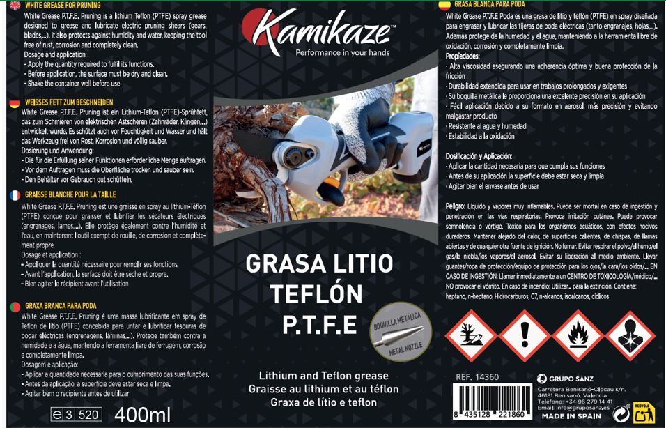 Kamikaze Graisse multifonction avec téflon aérosol 400 ml, graisse au lithium E.P. + PTFE pour vis, engrenages, câbles et chaînes. Lubrifiant anti-cor - 2