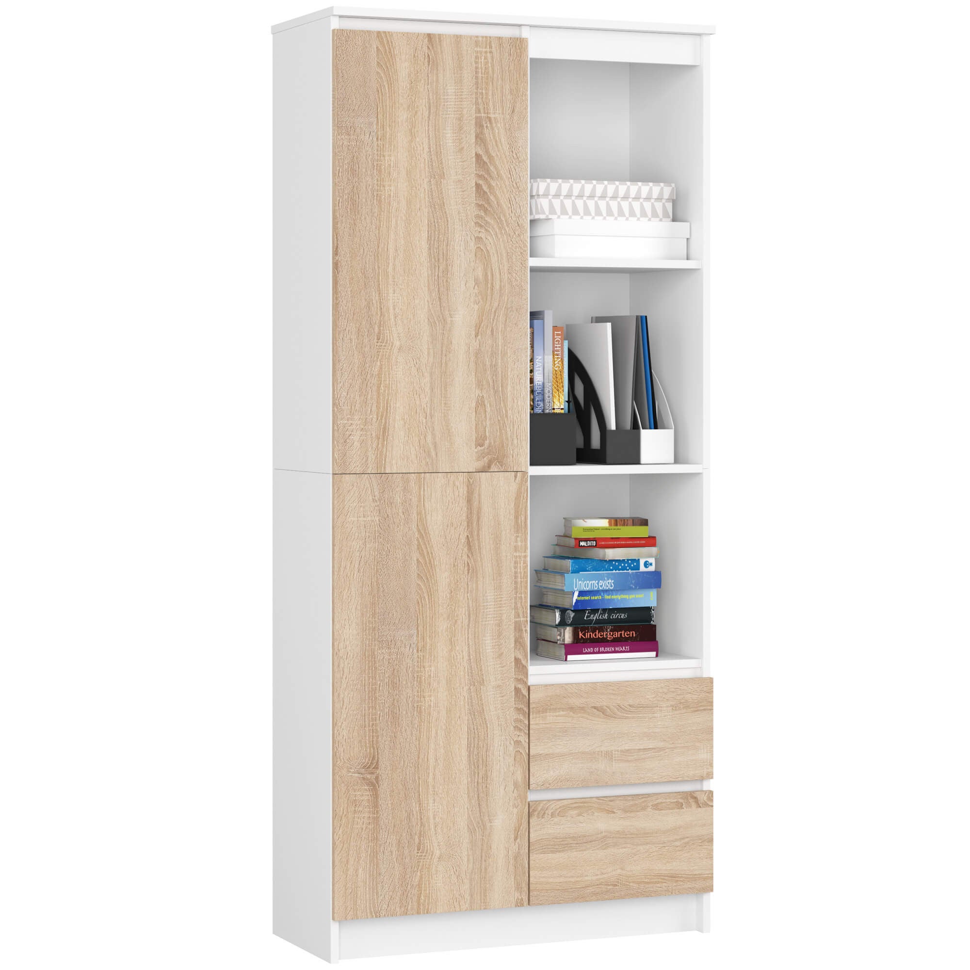 Regał AKORD R11 Biały 80 cm 1 drzwi 2 szuflady kolor Dąb Sonoma mat 7 półek 80x35x180 cm