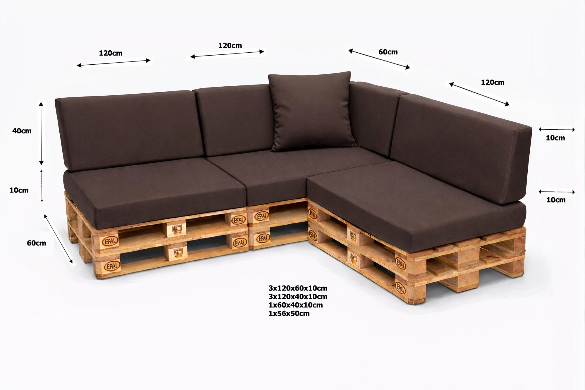 Zestaw 8 poduszek na palety ogrodowe 120×60×10 cm – siedzisko i oparcie 120×40×10 cm, poduszki na meble ogrdowe, brązowe