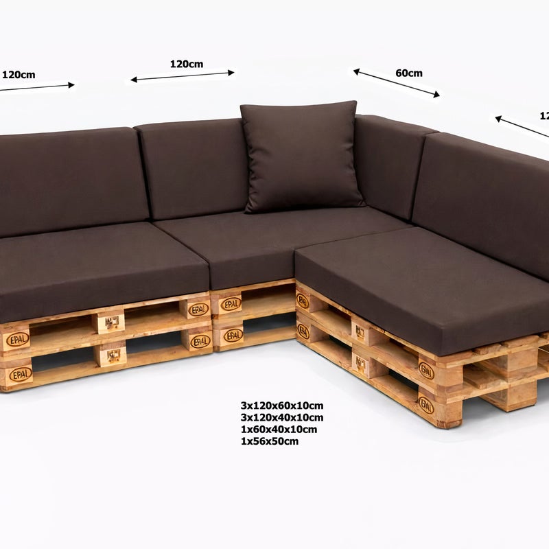 Zestaw 8 poduszek na palety ogrodowe 120×60×10 cm – siedzisko i oparcie 120×40×10 cm, poduszki na meble ogrdowe, brązowe