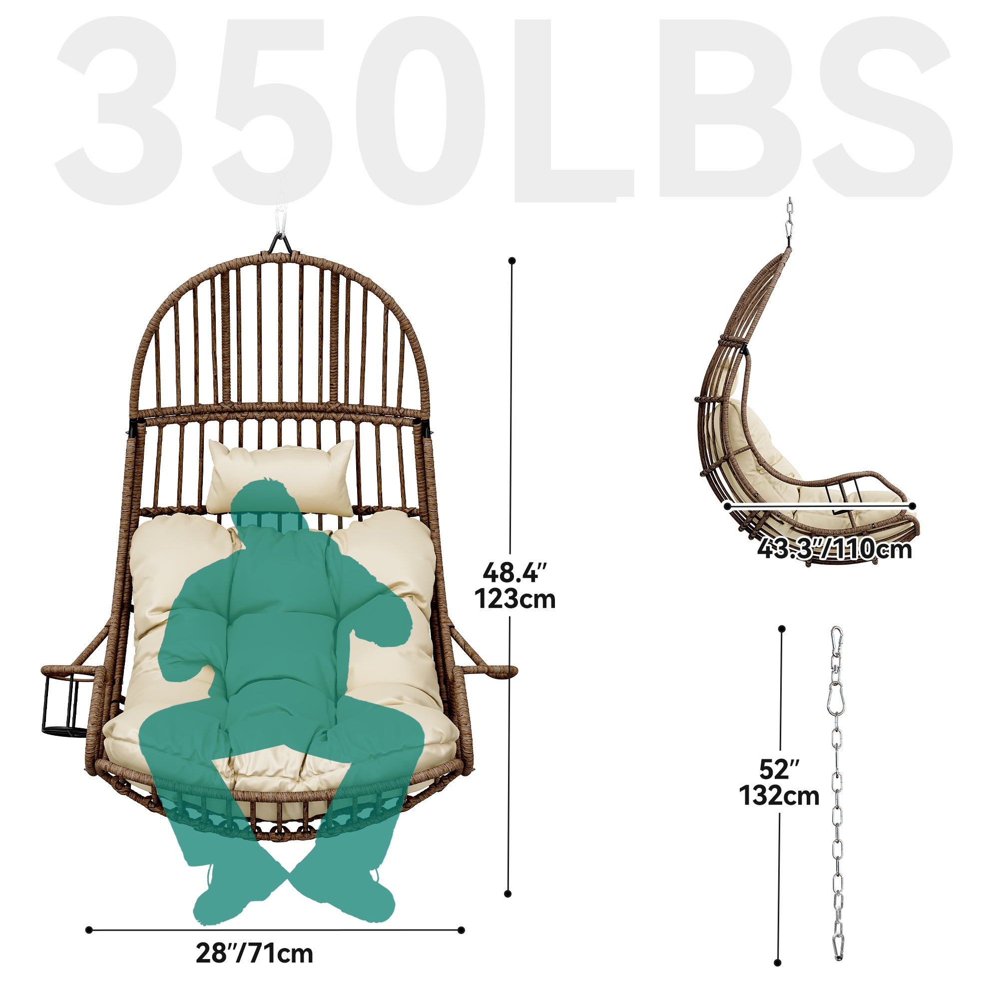 BALCONERA Fauteuil suspendu suspendu en forme d'œuf, charge maximale 150 kg, avec coussin et porte-gobelet - 6