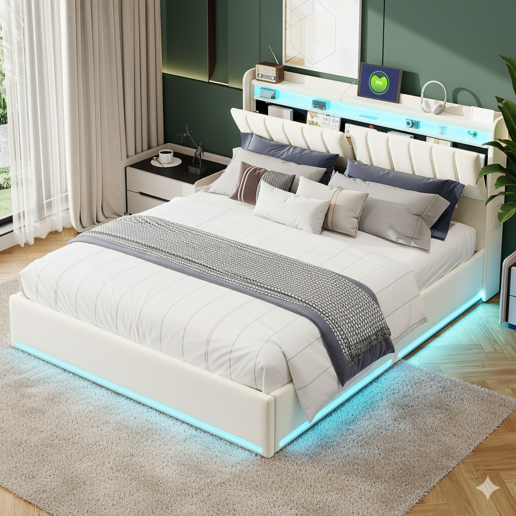 Lit 160x200cm - Lit coffre 160x200 avec sommier et tête de lit rangement - LED et port charge - velours - beige - 3