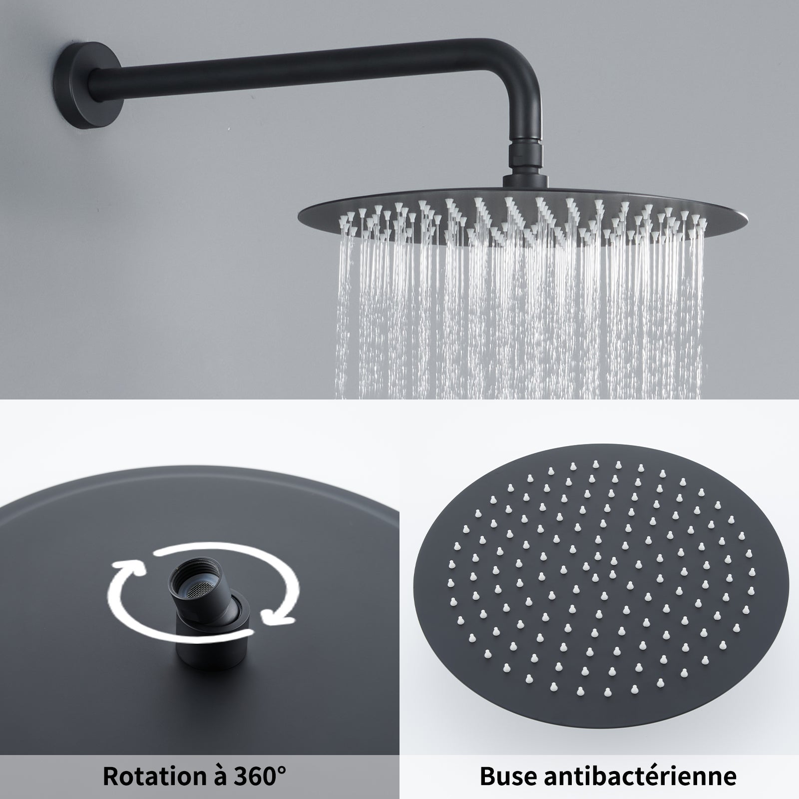 Colonne de Douche Thermostatique Noir en Laiton, Système Encastré avec Tête Ronde 12