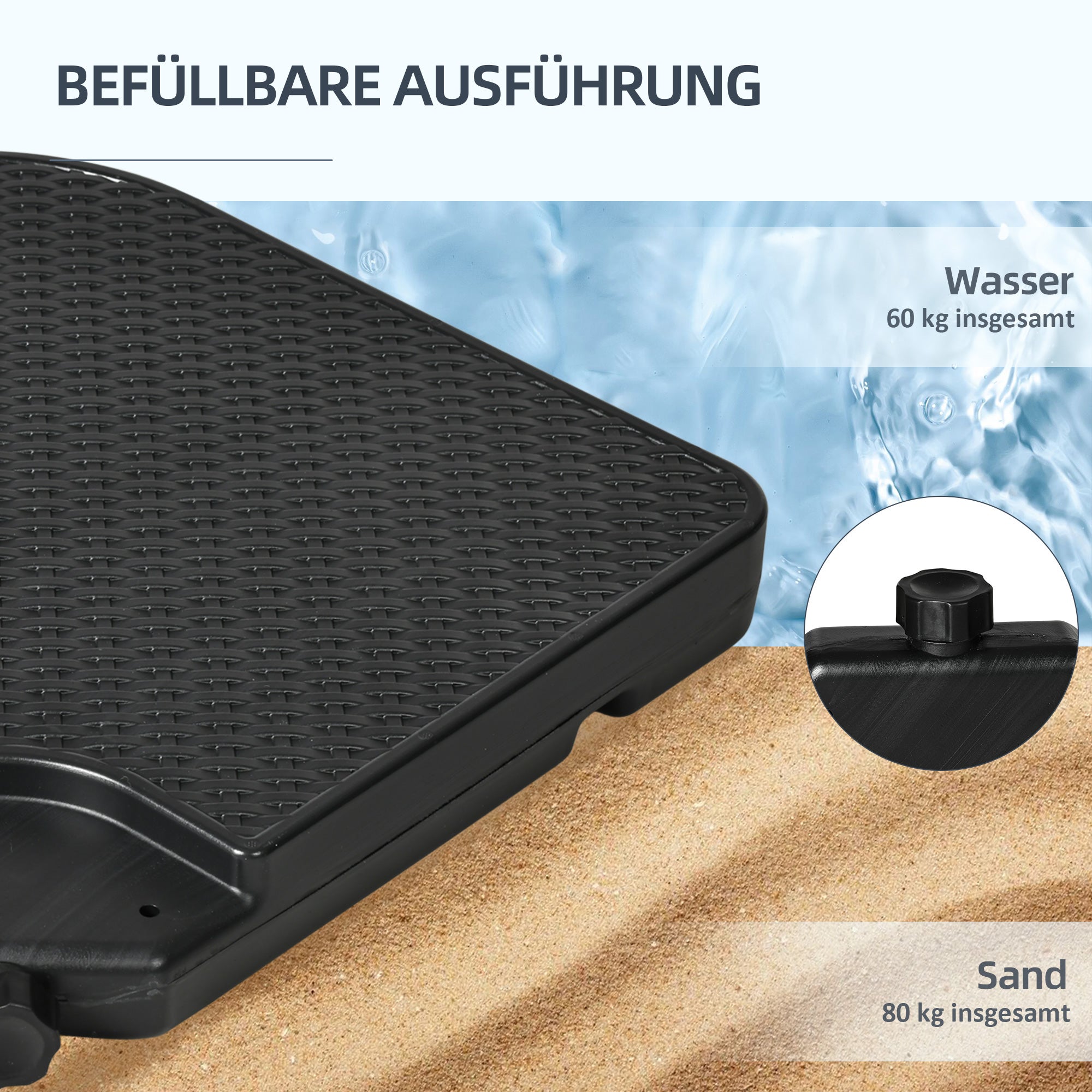 Poids de parasol 4 pièces, pour parasol déporté, remplissables de 80 kg de sable ou 60 kg d’eau, avec poignées, matériau HDPE, couleur noire - 7