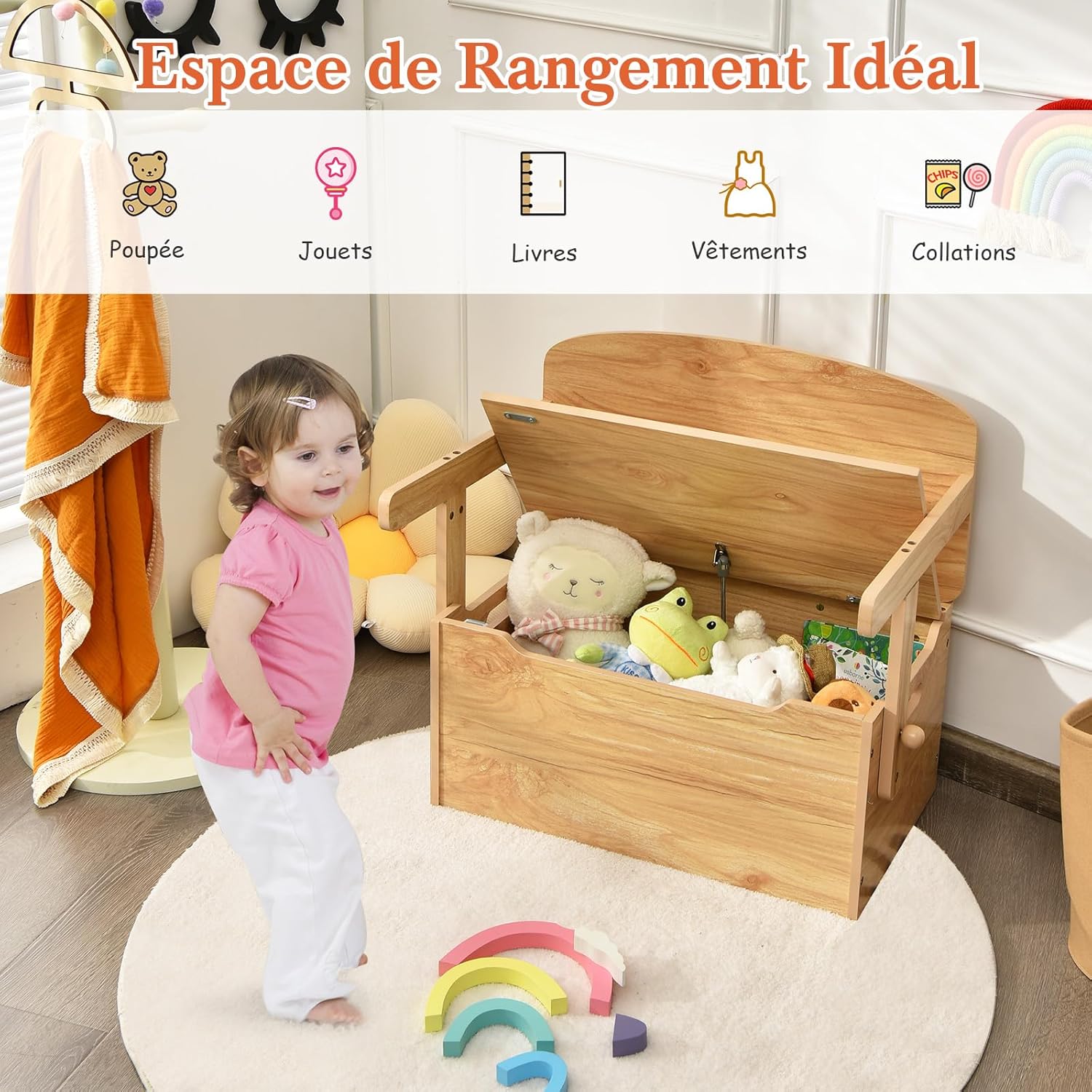 Table Chaise Enfant 3 en 1, Banc Coffre a Jouet Enfant en Bois avec Couvercle, Dossier, Boîte de Rangement, Table d'Activités pour 3-7 Ans (Naturel) - 8