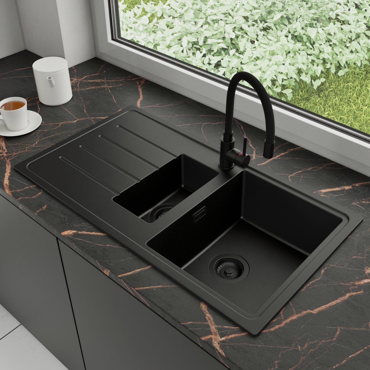 Zlewozmywak Granitowy 90x50cm, do szafki od 60cm + Bateria + Syfon - Ametyst Cały Czarny STONESTYLE