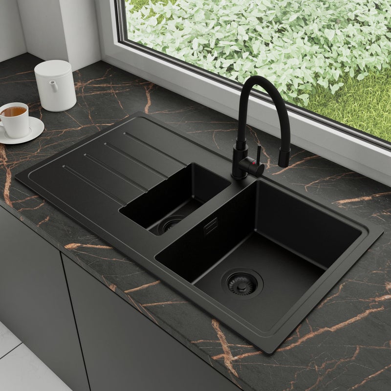 Zlewozmywak Granitowy 90x50cm, do szafki od 60cm + Bateria + Syfon - Ametyst Cały Czarny STONESTYLE