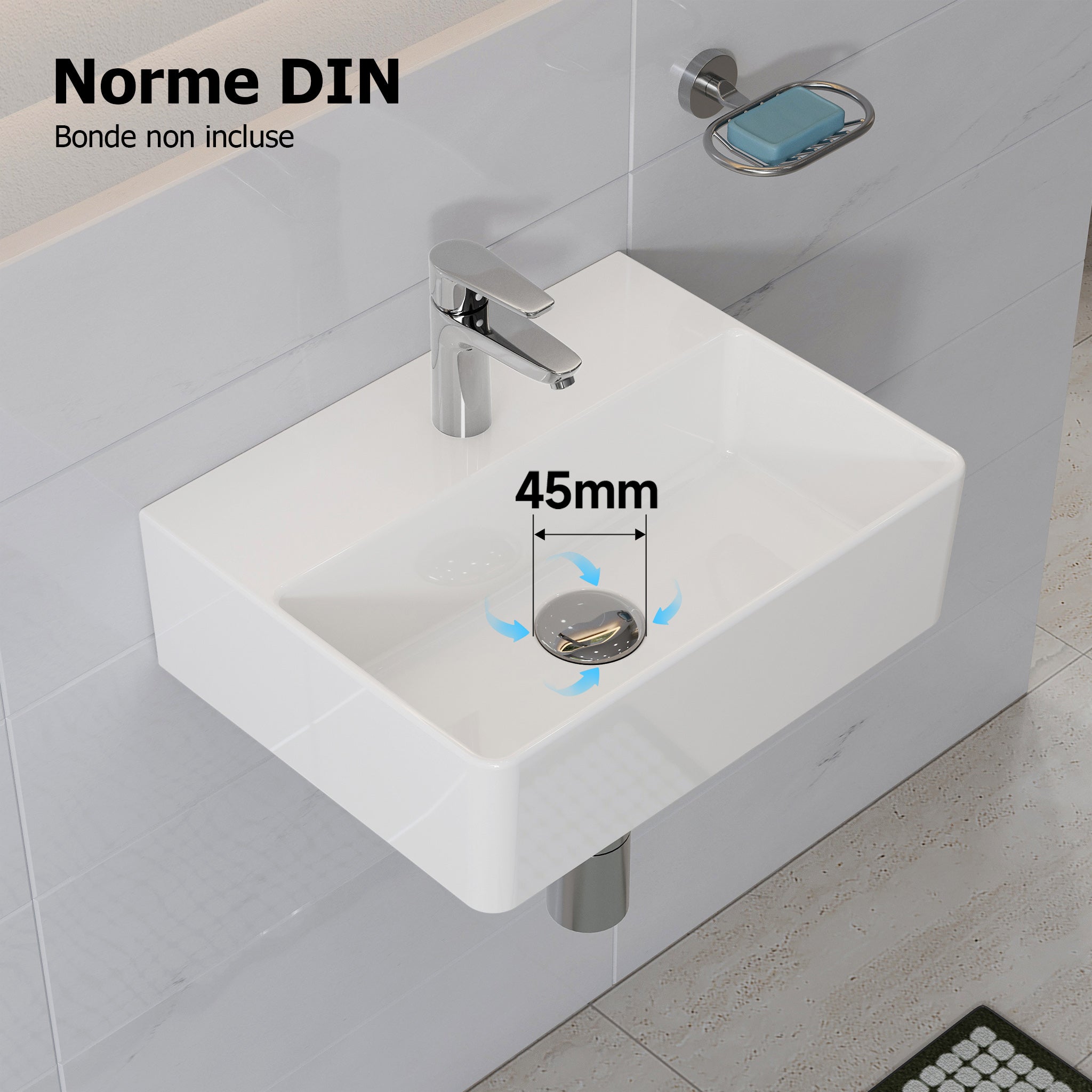 HOROW Lavabo sospeso in ceramica, rettangolare, con foro per rubinette, senza foro di troppo pienoo, per piccoli bagni per gli ospiti 39 x 30 cm - 4