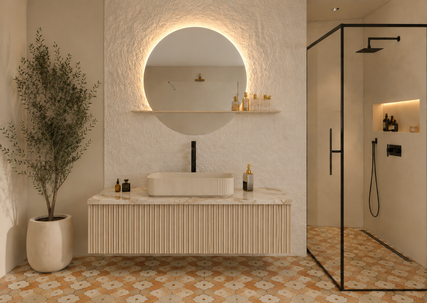 Round Shelf Line lustro z oświetleniem LED, bez ramy, z półką 80 cm