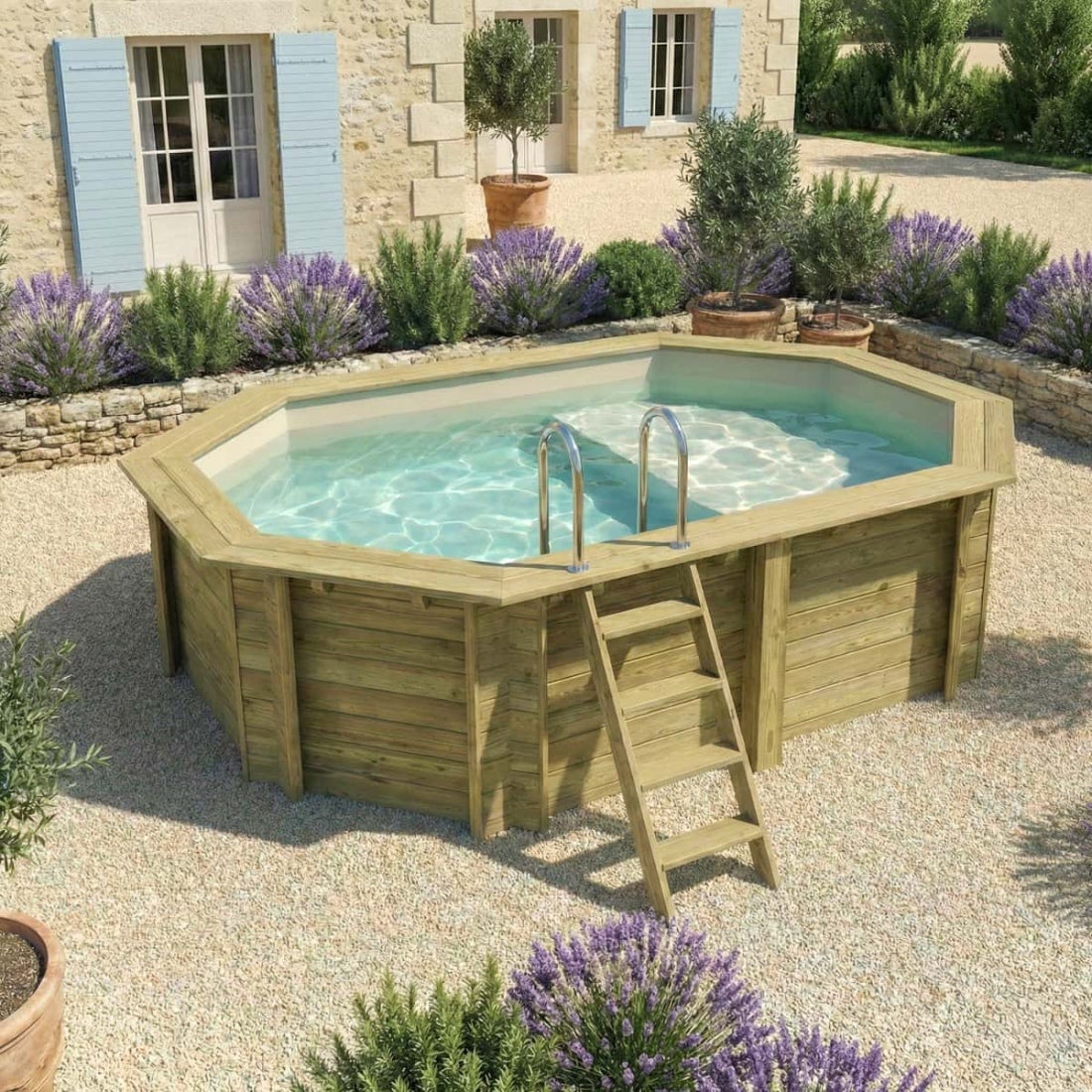 Piscină supraterană din lemn NEMO 4,3 x 3 – H. 1,18 m, cu zonă relaxare, nisip și elemente de fixare pentru ancorare – BAS7302OSPI3+PLA302