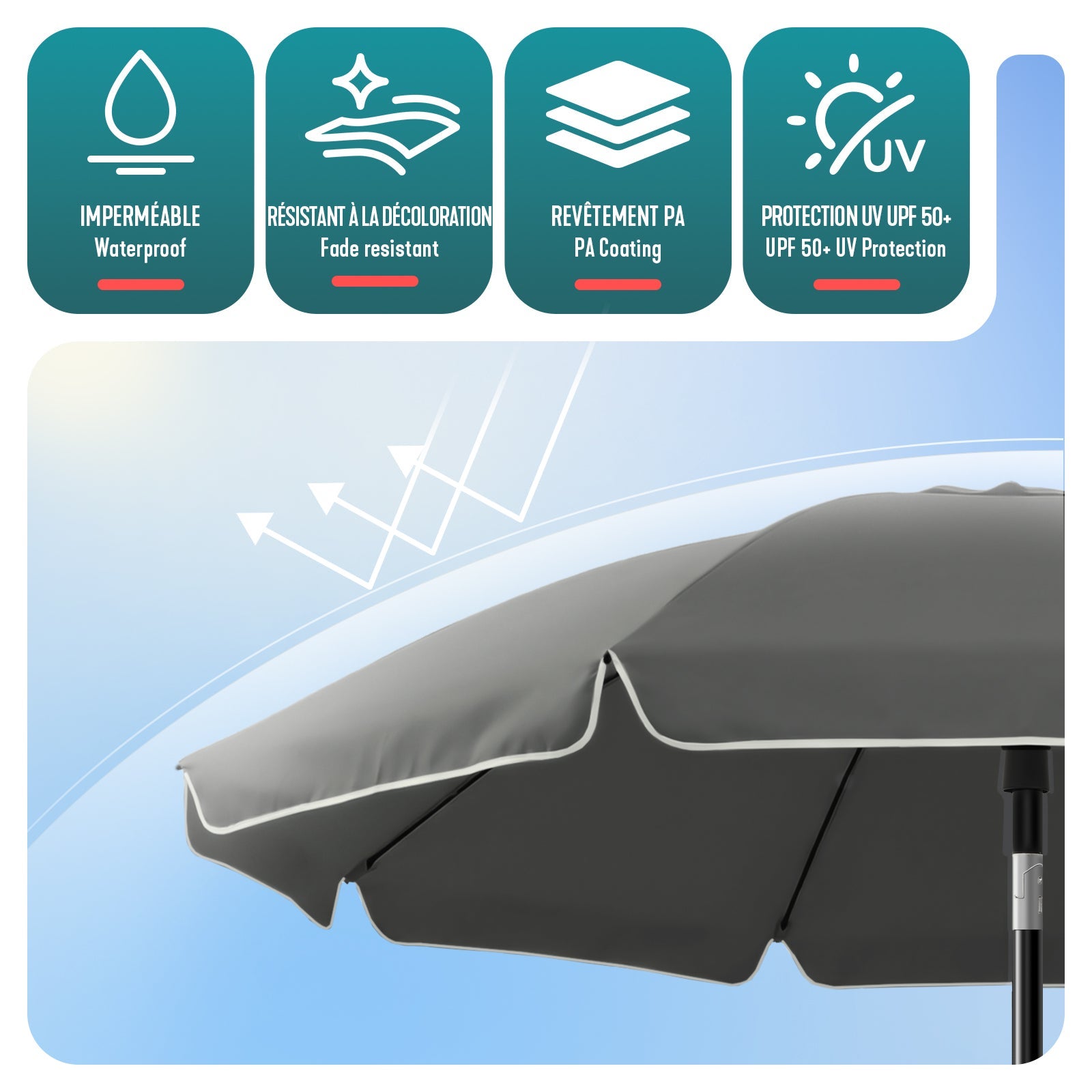 Parasol de jardin inclinable 2M avec ancrage au sol - Parasol de plage UV 50+ Gris - VOUNOT® - 4