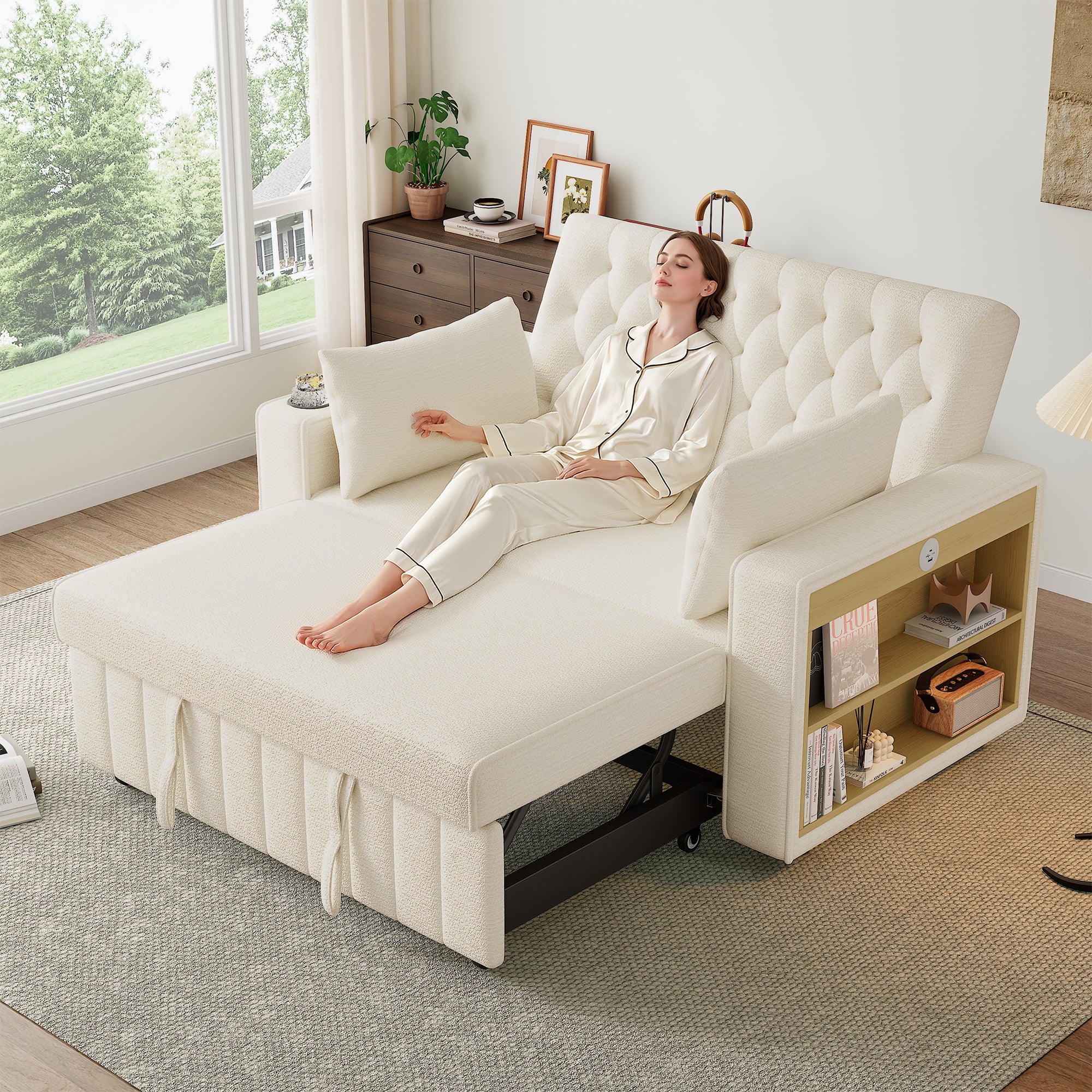 Sofa 2-osobowa z funkcją spania, rozkładana sofa Chenille - 140 x 71,5/137 x 84 cm - z funkcją spania i gniazdkiem do ładowania - beżowa
