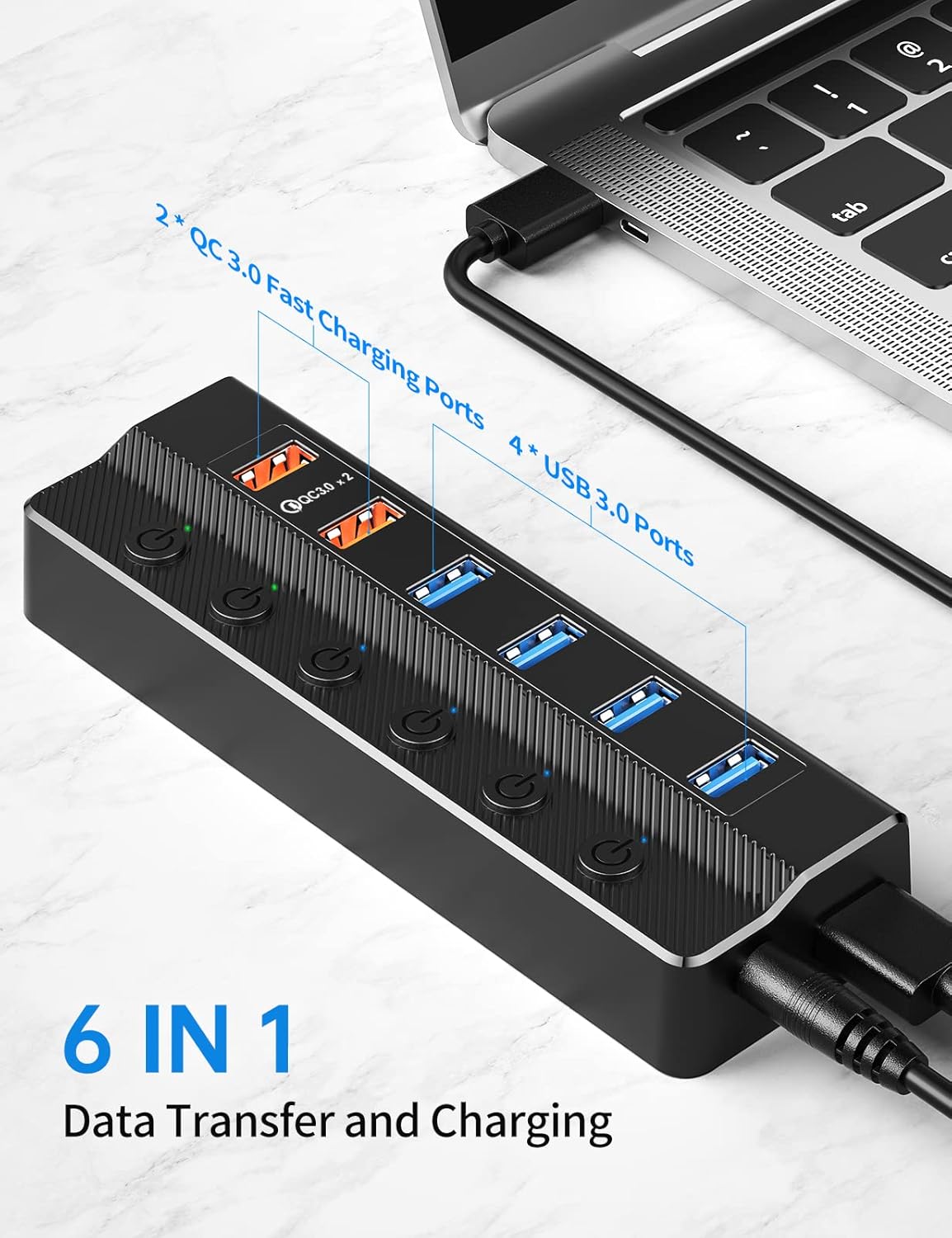 Zasilany koncentrator USB 3.0, koncentrator USB z 6 portami (4 porty danych USB 3.0 i 2 porty ładowania QC 3.0) z indywidualnymi przełącznikami włącz - 3