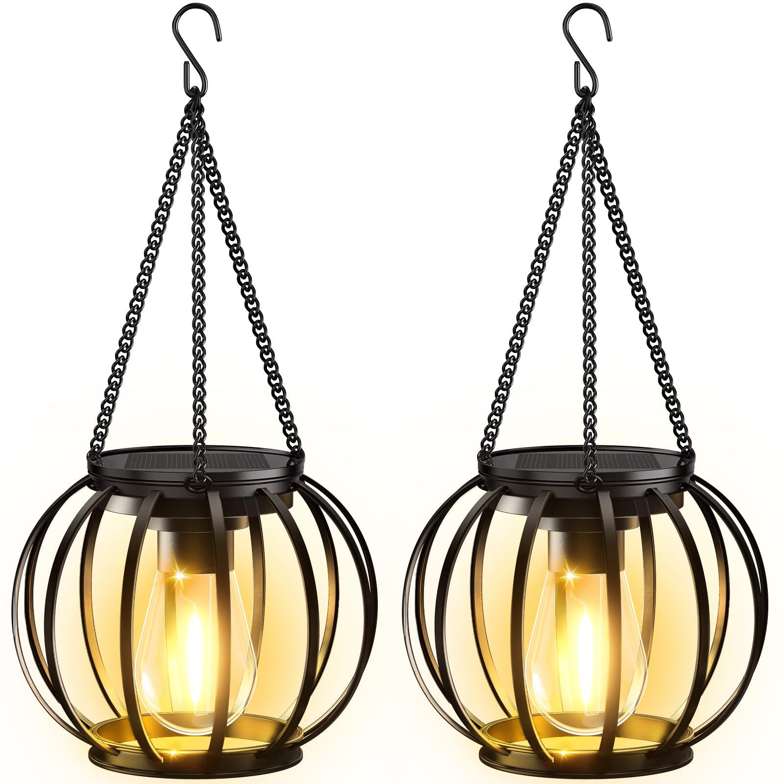 2 Sztuki Metalowa Lampion Solarny Zewnętrzny z Żarówką LED, IP65 Wodoodporna Dekoracja Ogrodu Zewnętrznego z Haczykami i Łańcuchami na Taras Trawnik