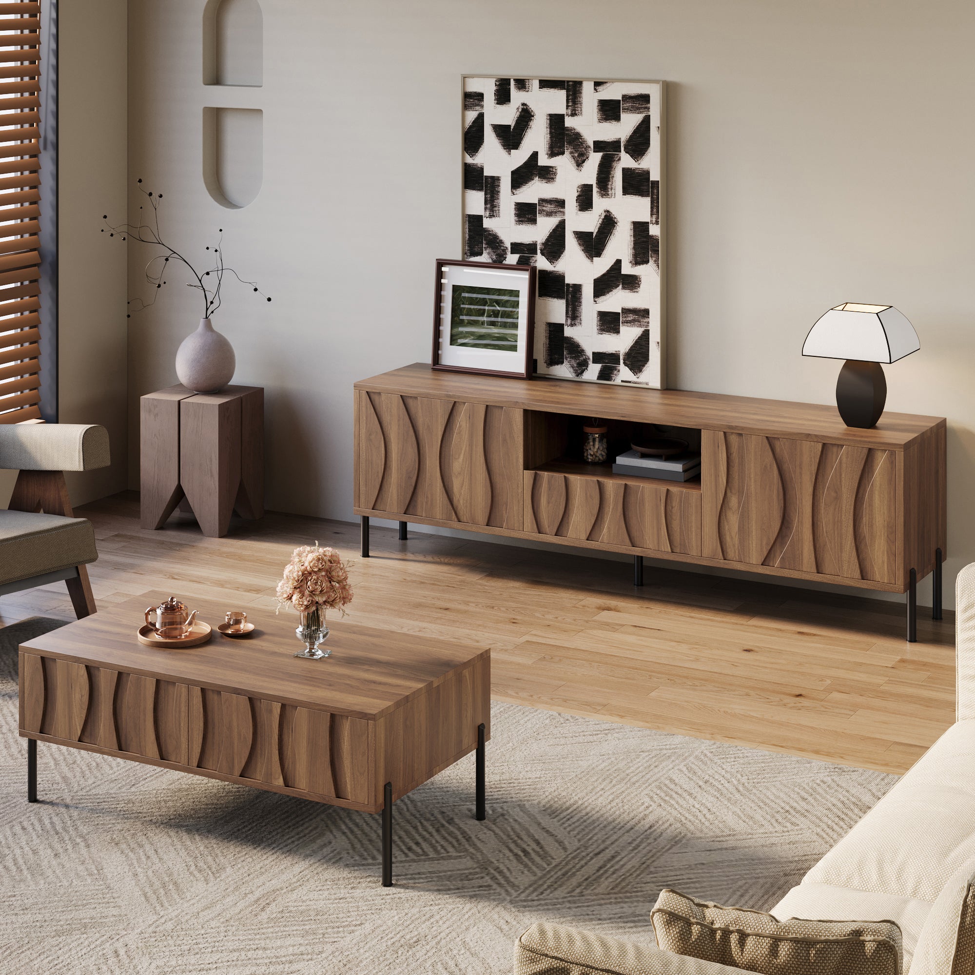 Zestaw stolika kawowego i szafki RTV - 160 x 35 x 46 cm + 105 x 55 x 41 cm - Drzwi z falistym wzorem - Płyta MDF - Naturalna - 7