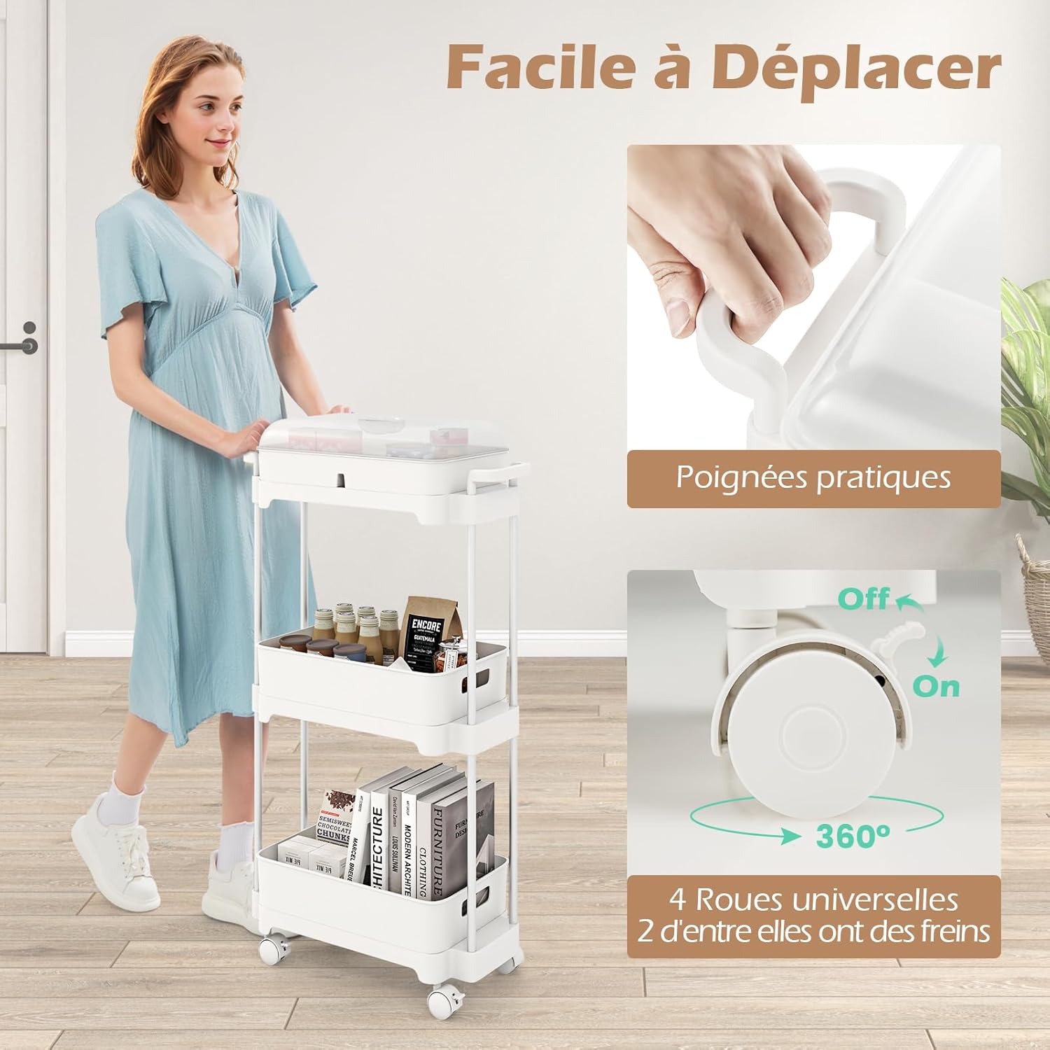 Carrello a 3 Livelli con Ruote Bloccabili, Carrello di Stoccaggio con Coperchio e Scaffali Rimovibili, Struttura in Lega di Alluminio, per Sog - 6