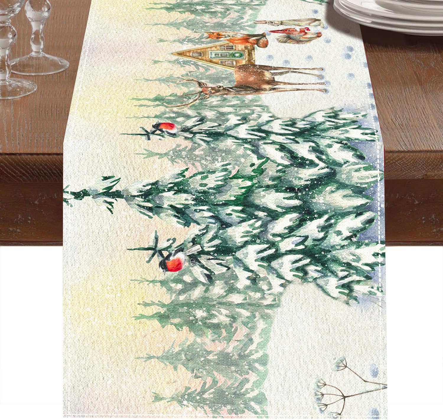 Bieżnik świąteczny 33x183 cm, dekoracja stołu bożonarodzeniowego, biały bieżnik świąteczny ze śnieżną choinką, łosiem, królikiem i lisem