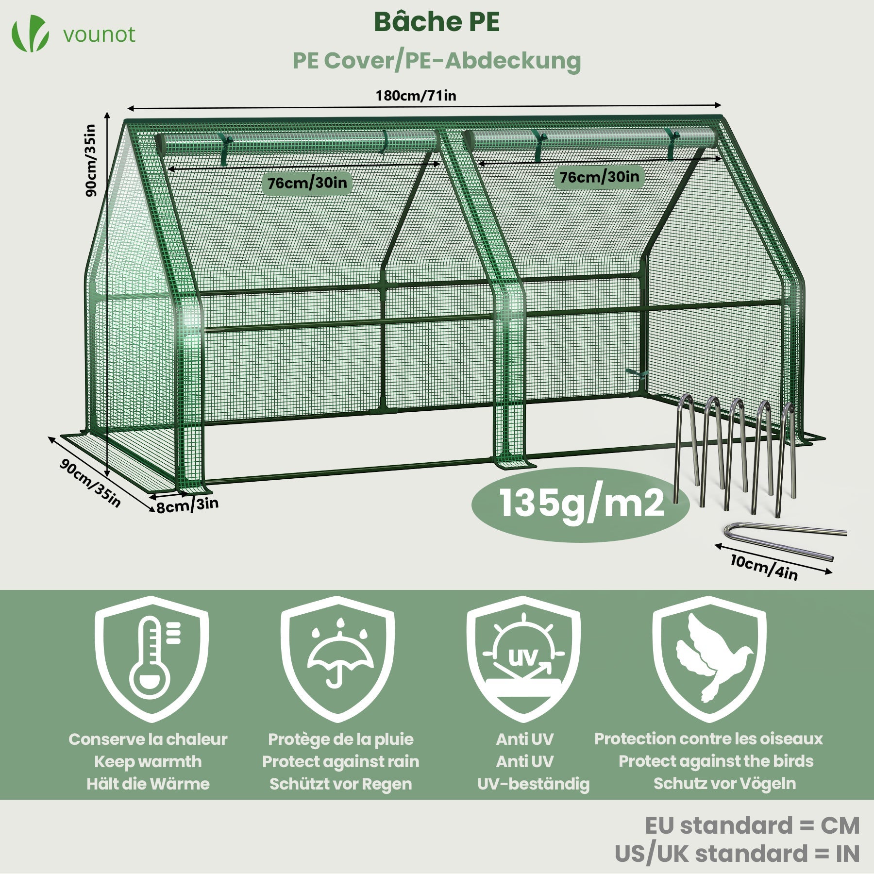 Mini Serre de jardin avec 2 portes enroulables bache PE renforcee 135g/m2 180x90x90cm Vert VOUNOT® - 3