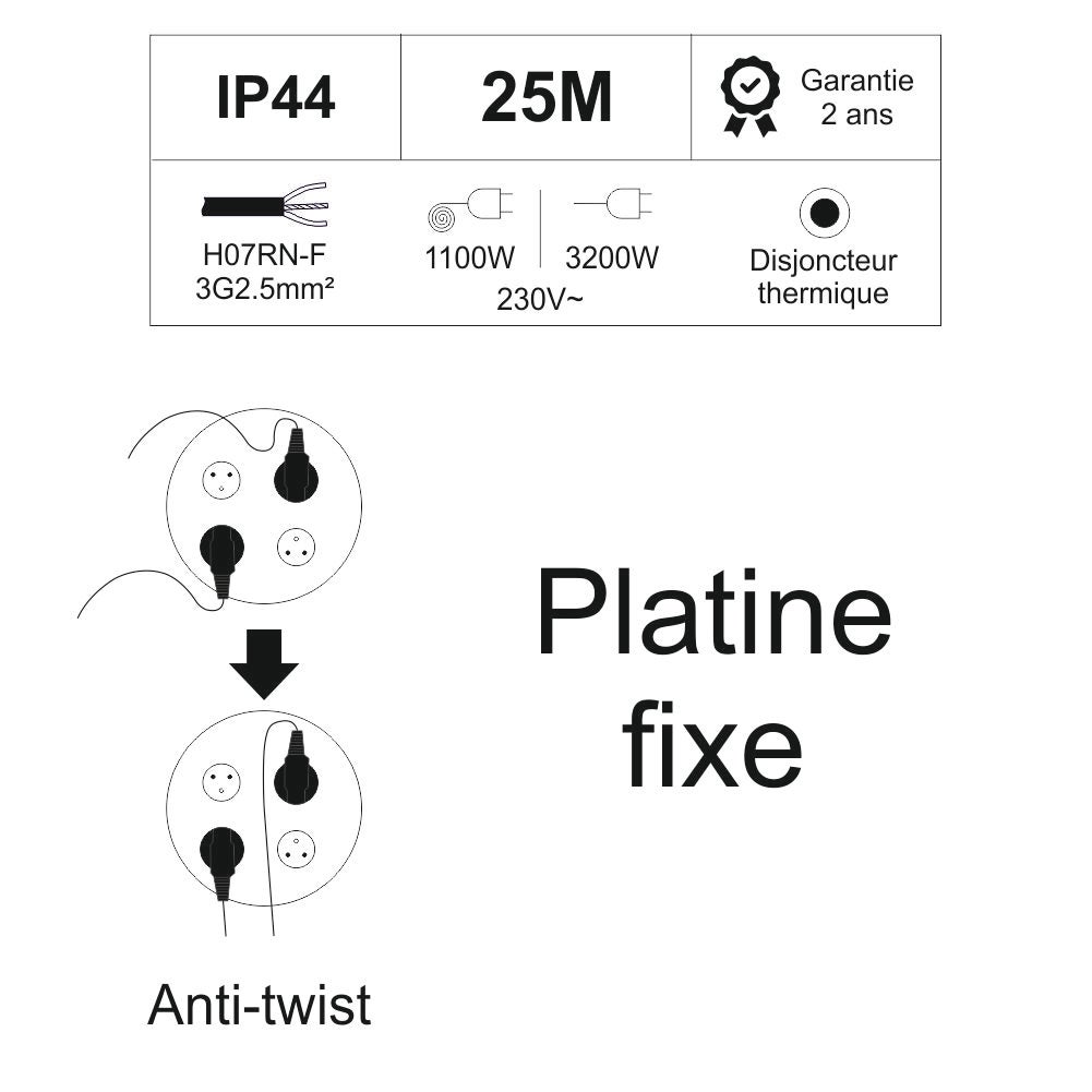 Enrouleur PRO de chantier 3G2.5 25m IP44 platine fixe (anti twist) - câble H07RN-F- 4 prises 16A - garantie 2 ans - 4