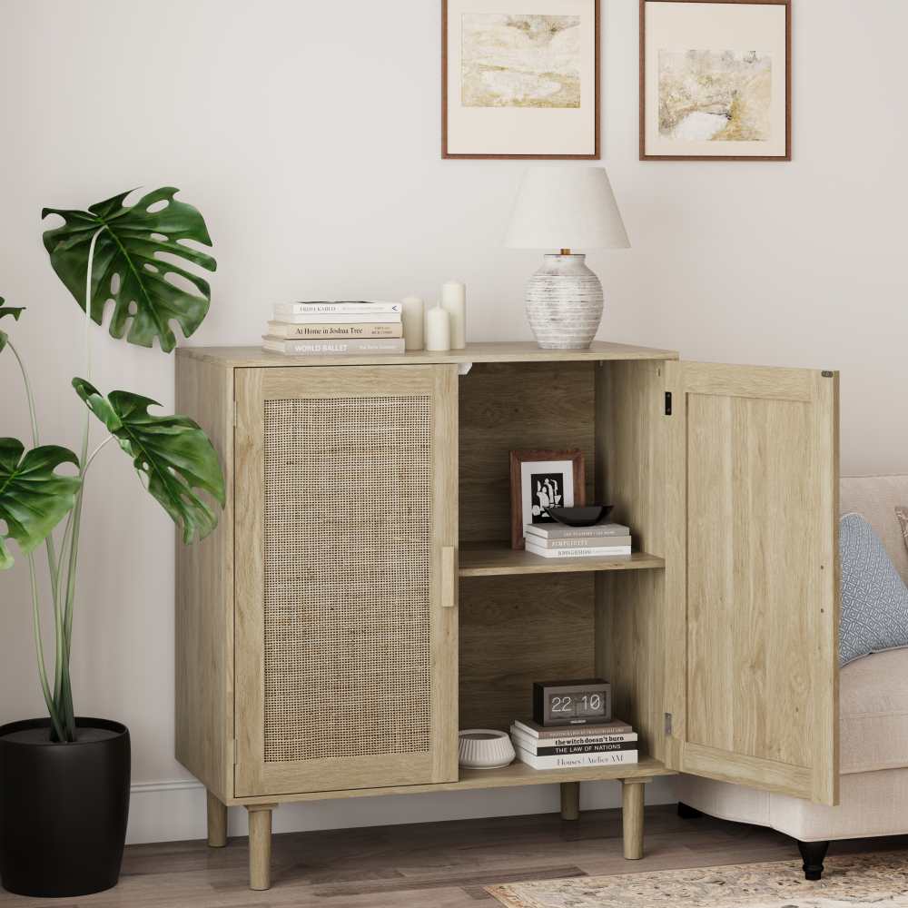Buffet 2 portes en rotin, 80cm, rangement spacieux, anti-basculement – pour salon, salle à manger, entrée - 7