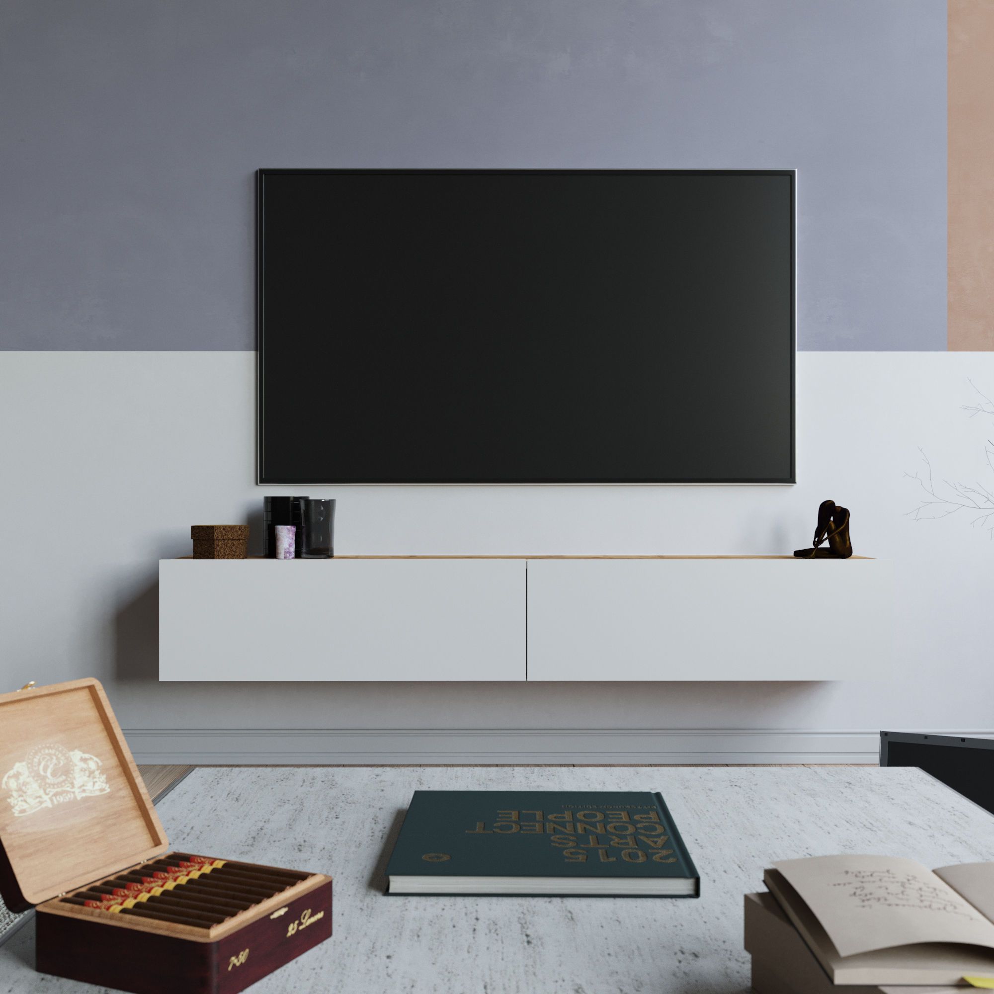 Meuble TV 2 portes battantes Wafo 180cm Bois Naturel et Blanc - 2