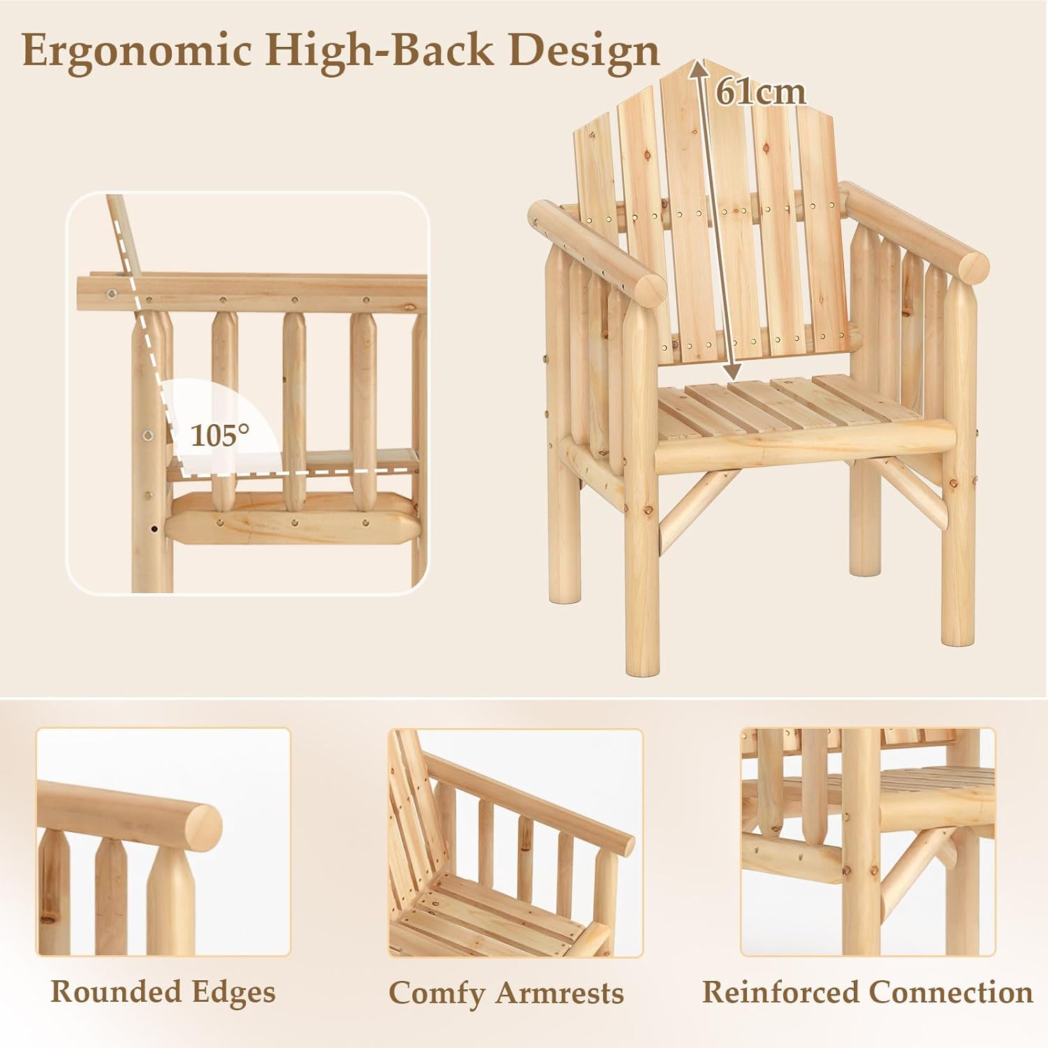 Fotel Adirondack z Drewna, Krzesło Ogrodowe Adirondack z Podłokietnikami i Wysokim, Pochylonym Oparciem, Nośność 150 kg, 66 x 62,5 x 98 cm (Naturalny) - 4