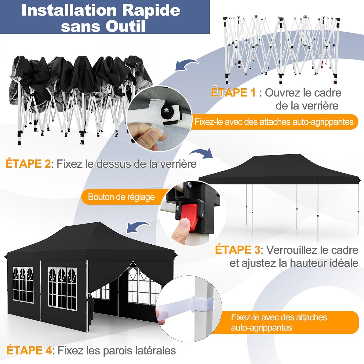 Tonnelle de Jardin 3x6M Tente de Reception avec 6 Parois Latérales Amovibles, Sac de Transport Protection Solaire pour Fête Mariage BBQ, Noir - 4