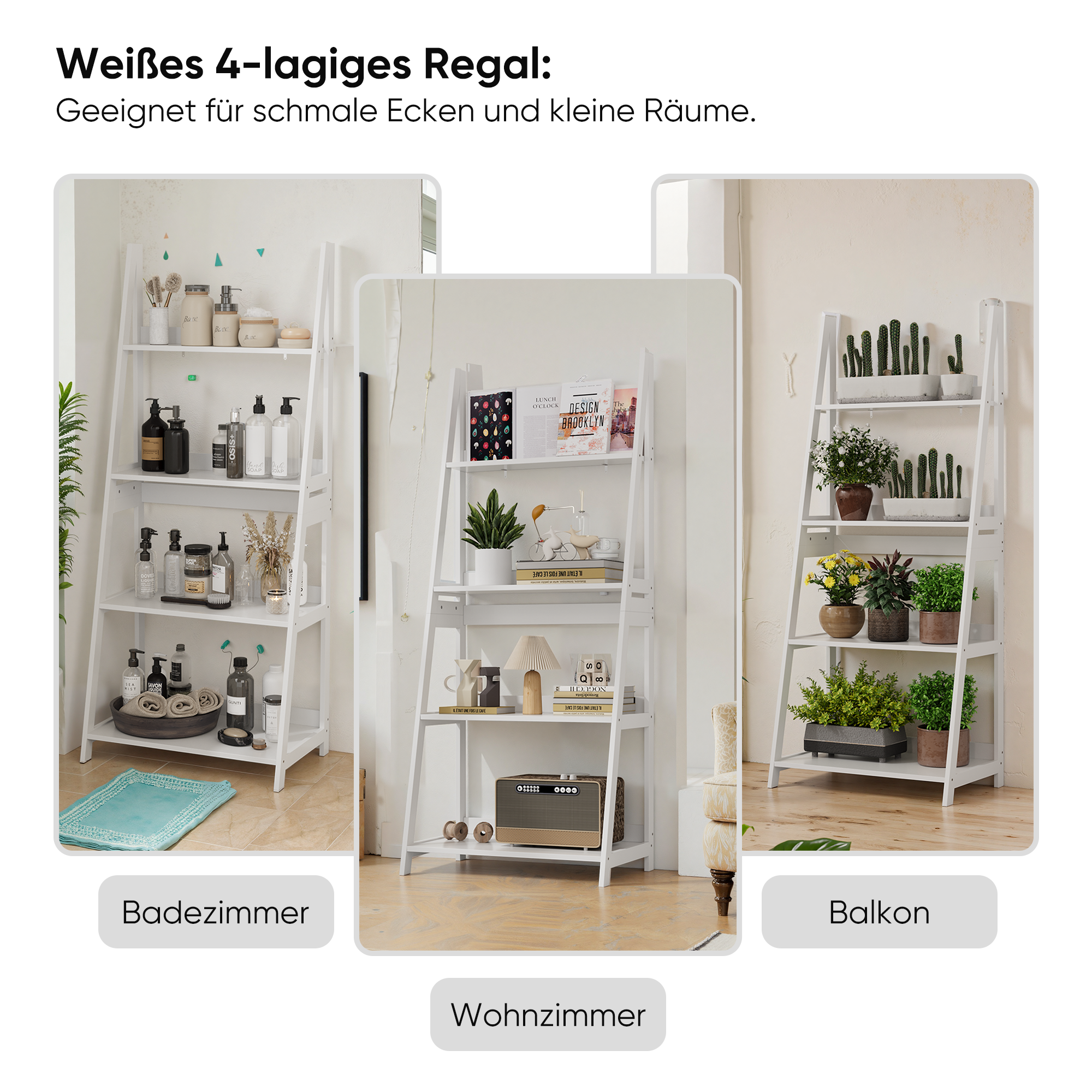 Étagère échelle 63x39x150 cm, présentoir, étagère à 4 niveaux, étagère de rangement, pour salle de bain/bureau/salon, blanc - 7