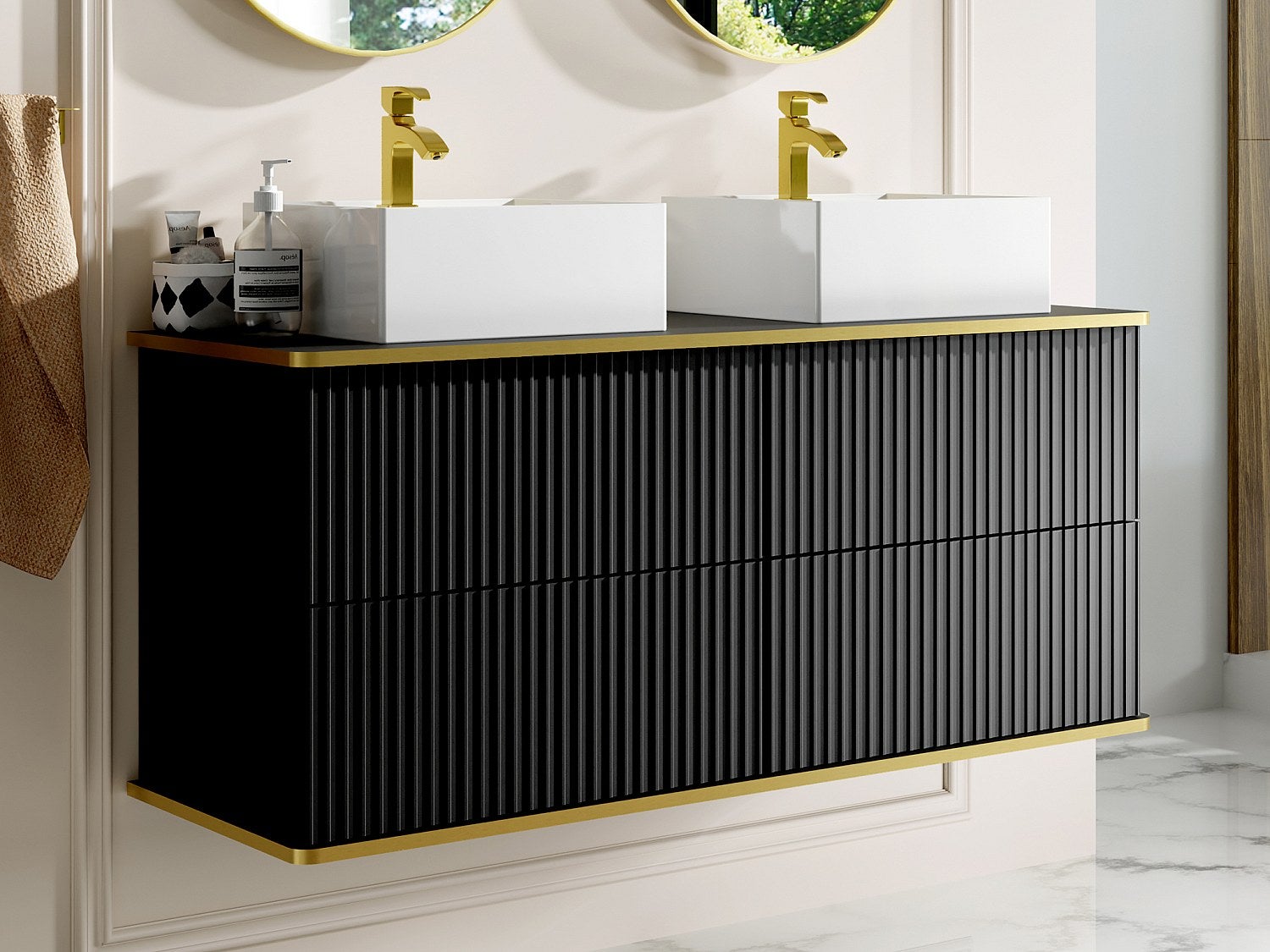 Szafka łazienkowa wisząca ryflowana ze złotą listwą i dwoma kwadratowymi umywalkami nablatowymi - Czarny - 120 cm - KELIZA