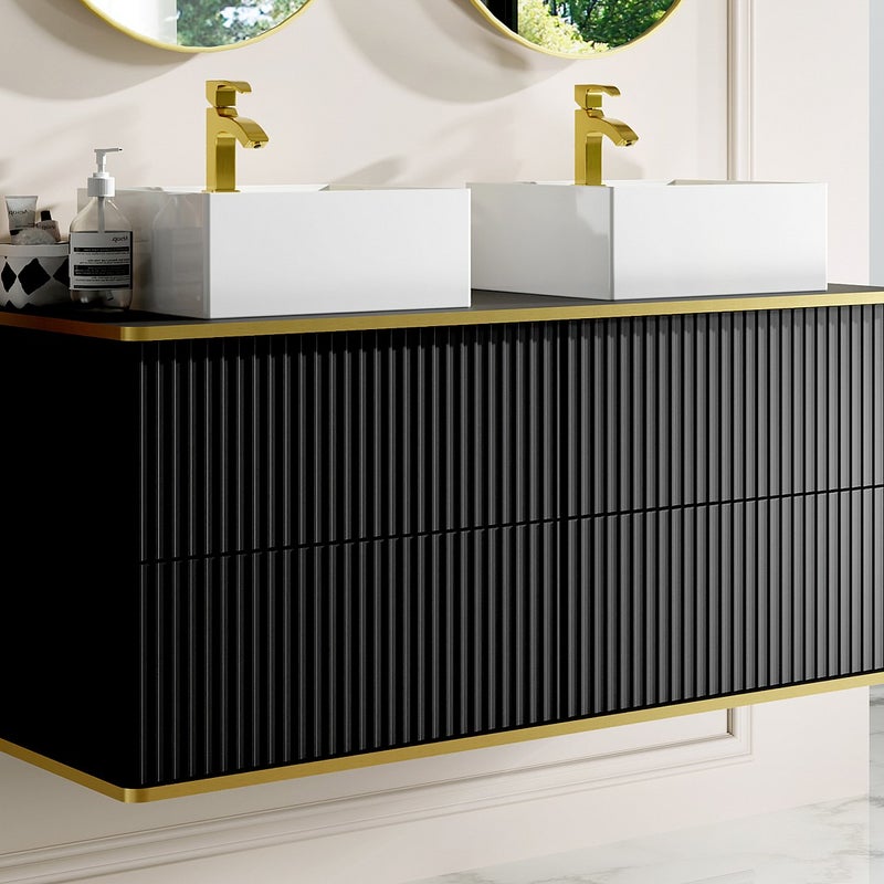 Szafka łazienkowa wisząca ryflowana ze złotą listwą i dwoma kwadratowymi umywalkami nablatowymi - Czarny - 120 cm - KELIZA
