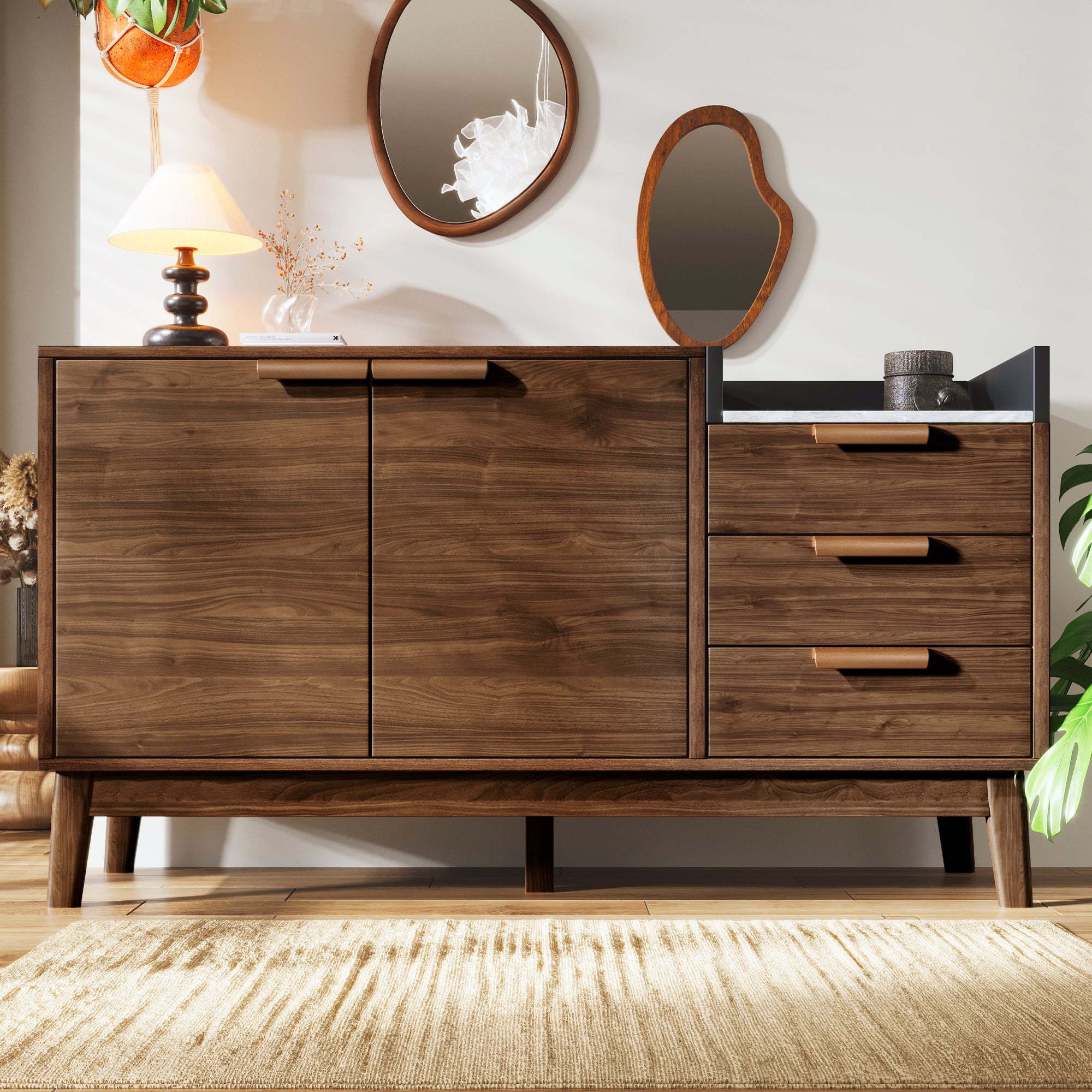 Komoda z 2 drzwiami, 3 szufladami i blatem imitującym marmur - 120 x 40 x 77 cm - MDF + lite drewno - Ciemny dąb - 5