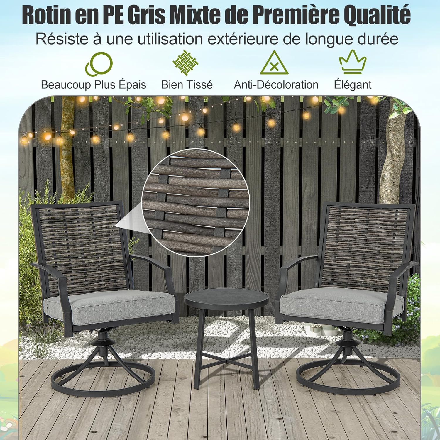 Set Salotto da Giardino in Rattan PE, Set da Esterno con 2 Poltrone Girevoli, 2 Cuscini e Tavolo, Set Attedo Giardino Struttura in Ferro, per - 7