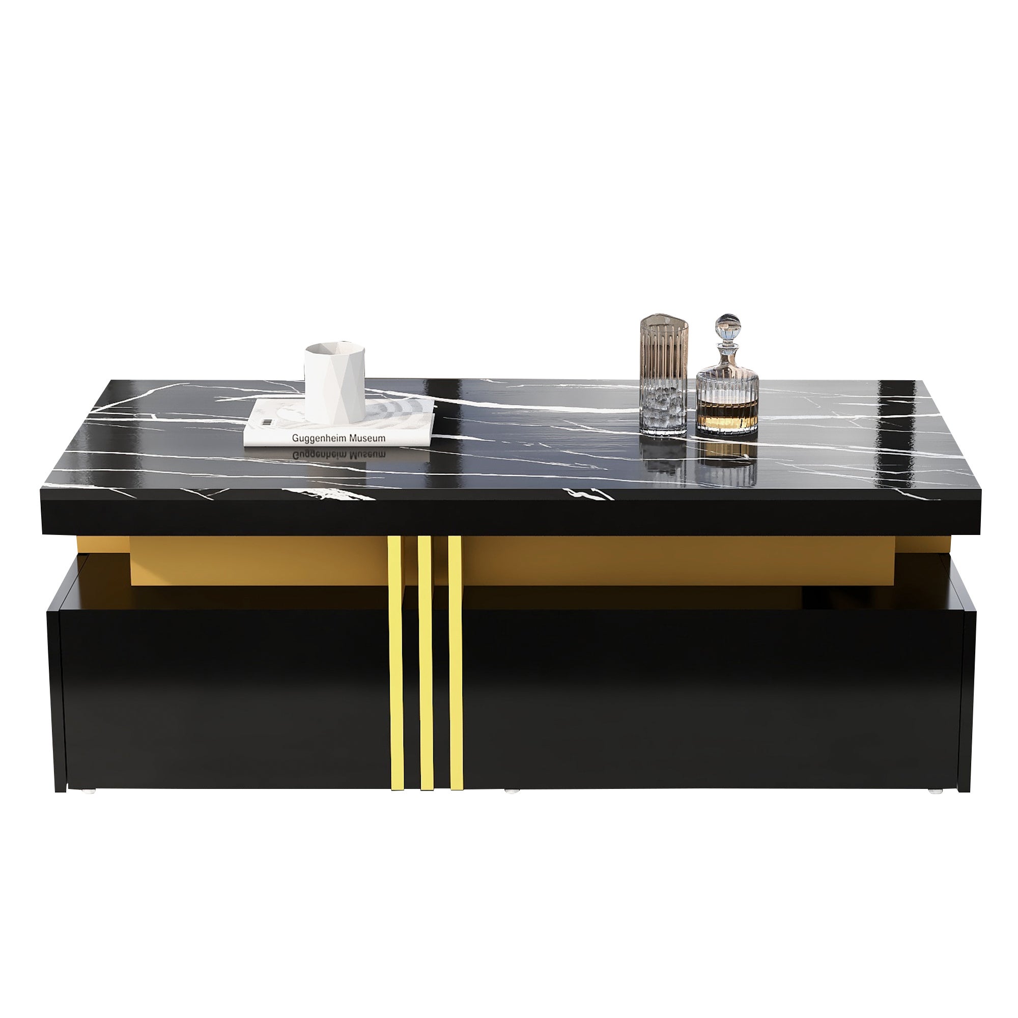 Table basse rectangulaire avec 2 tiroirs - 100x50x40 cm - panneaux de particules - plateau marbré, pour salon - noir - 8