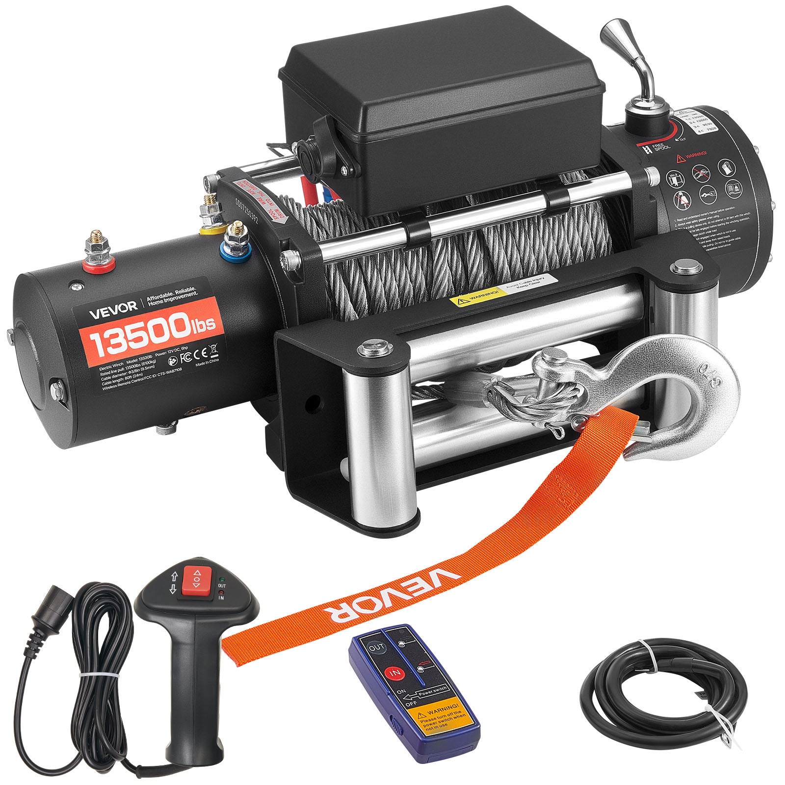Treuil Électrique VEVOR 12 V CC 6100 kg, cu cablu din oțel 9,5 mm x 24 m, telecomenzi fără fir și cu fir, IP55, pentru SUV, Jeep și barcă