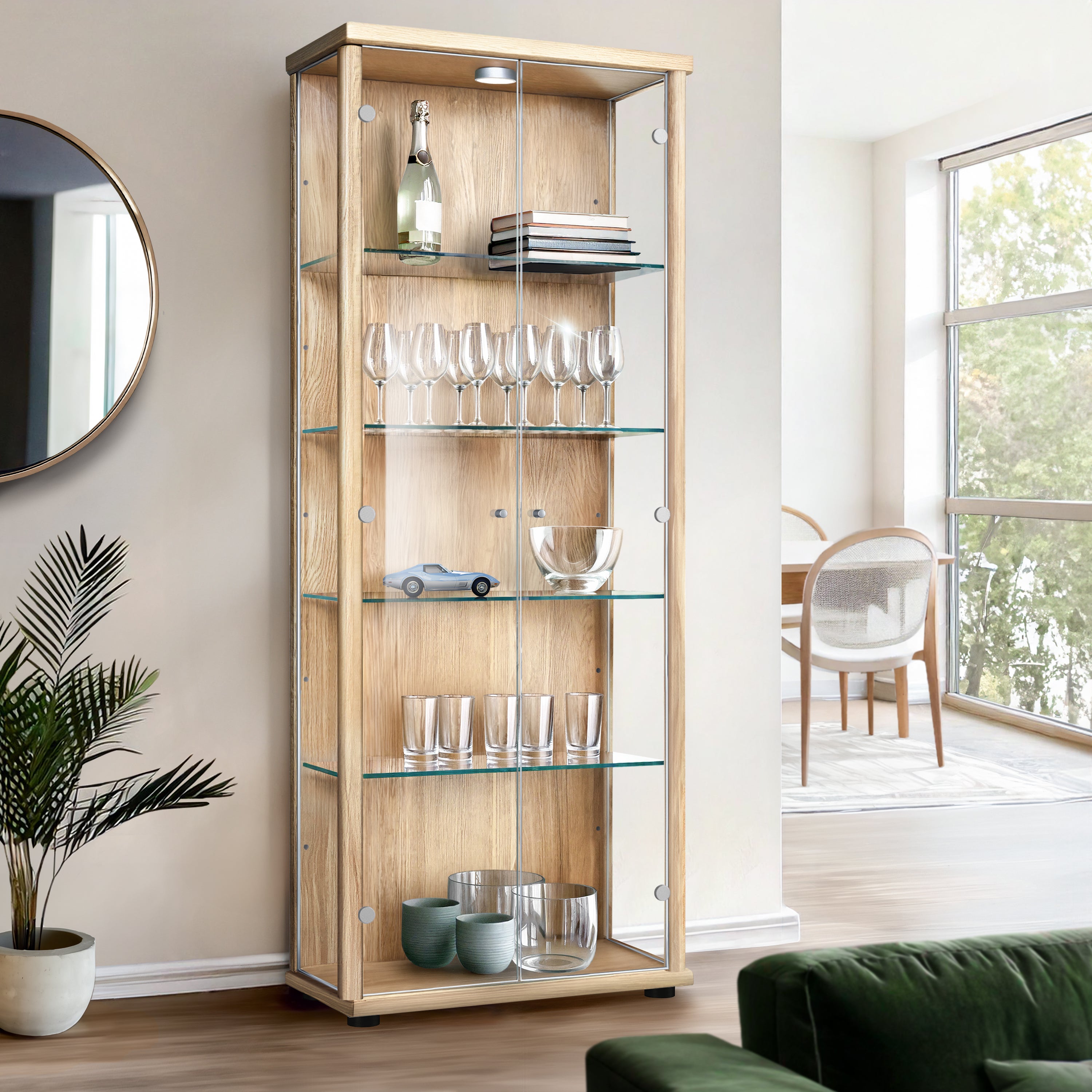 K-Möbel Witryna szklana w kolorze buku (176x67x33 cm) z 4 regulowanymi półkami szklanymi, LED