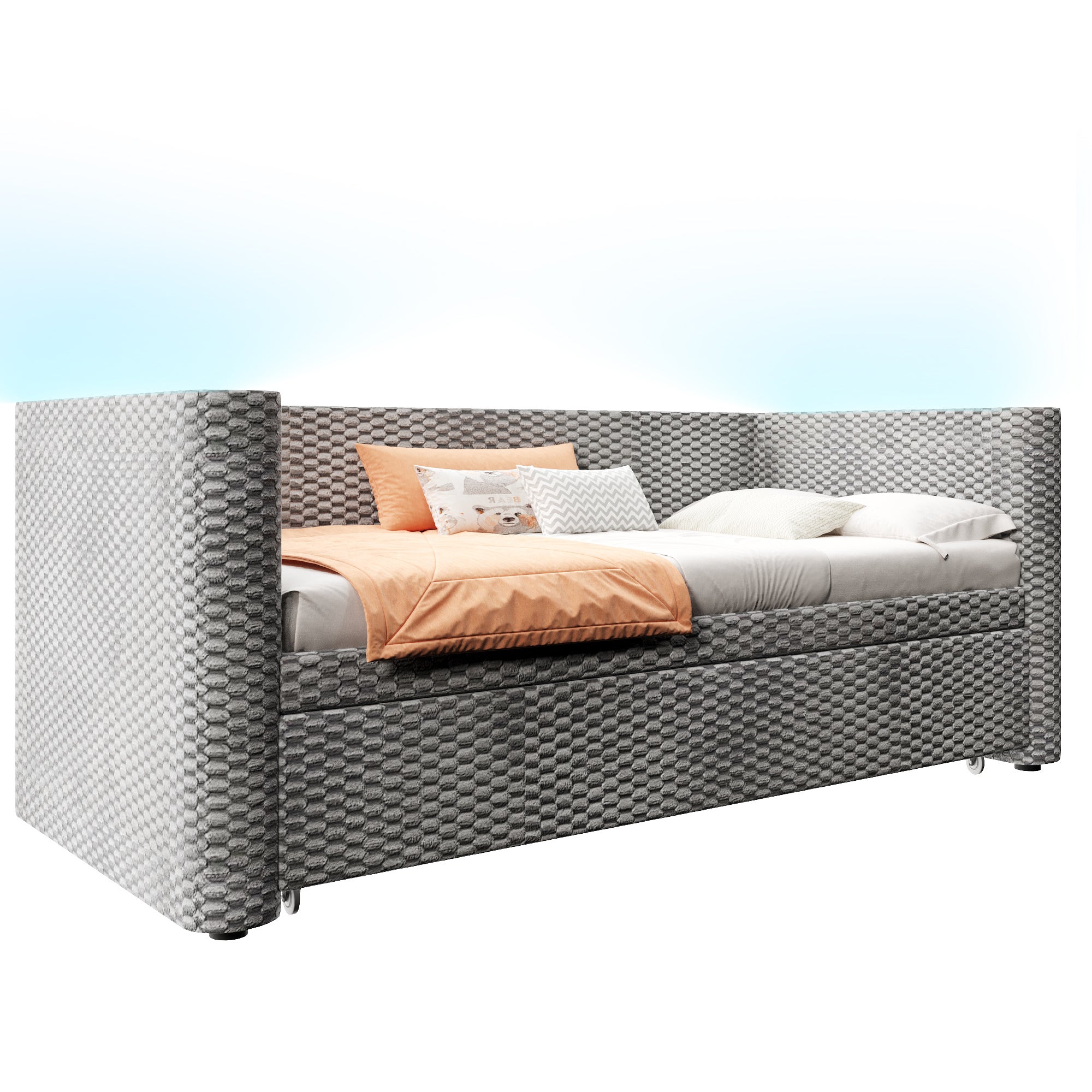 Rozkładana sofa 90/180x200cm - z wysuwane łóżko - z listwą LED - z stelażem lamelowym - welur - szary (materac nie jest wliczony w cenę) - 7
