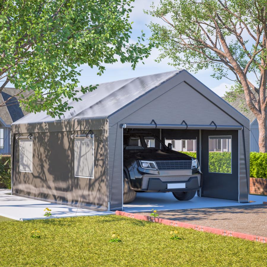 Tente Garage Tout-Temps 6x4x3m - Structure en Acier, Baches Latérales Étanches, Fenêtres Coulissantes, Gris - 6