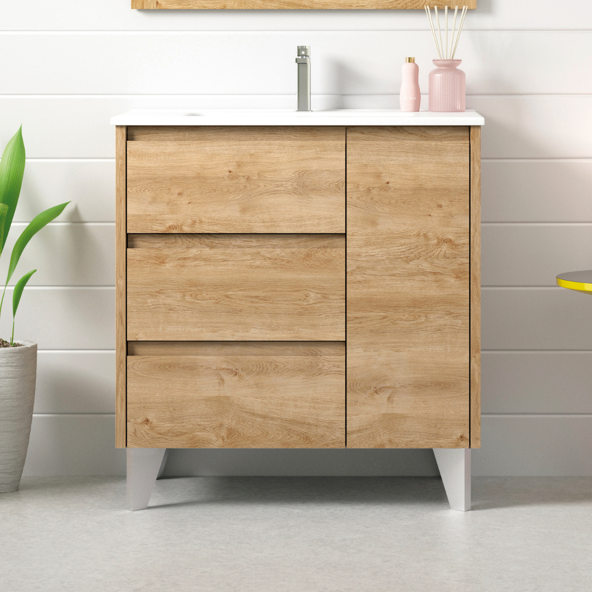 Armadio a pavimento bagno con lavandino e gambe in ceramica | 80cm | 3 cassetti 1 porta con chiusura imbottita e organizzatore | Quercia naturale - 2