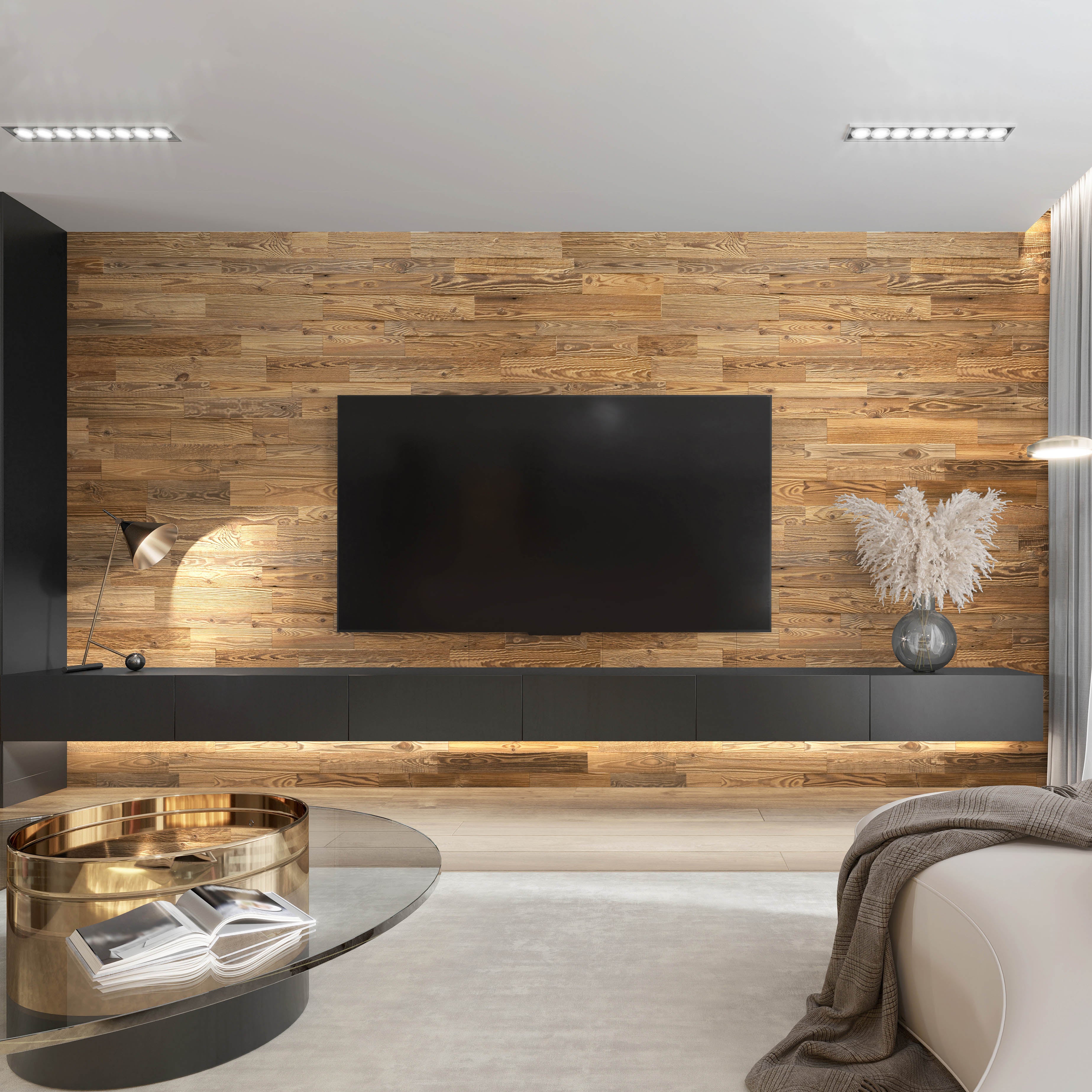 Painel de parede em madeira reciclada âmbar - Madeira de celeiro recuperada - Textura escovada natural - 24 peças/m² - Revestimento decorativo - 2