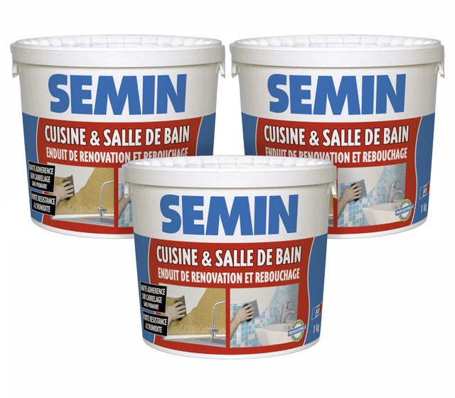Lot de 3 enduits de rebouchage et rénovation spécial cuisine et salle de bain Semin - adapté aux pièces humides - seau de 1 kg